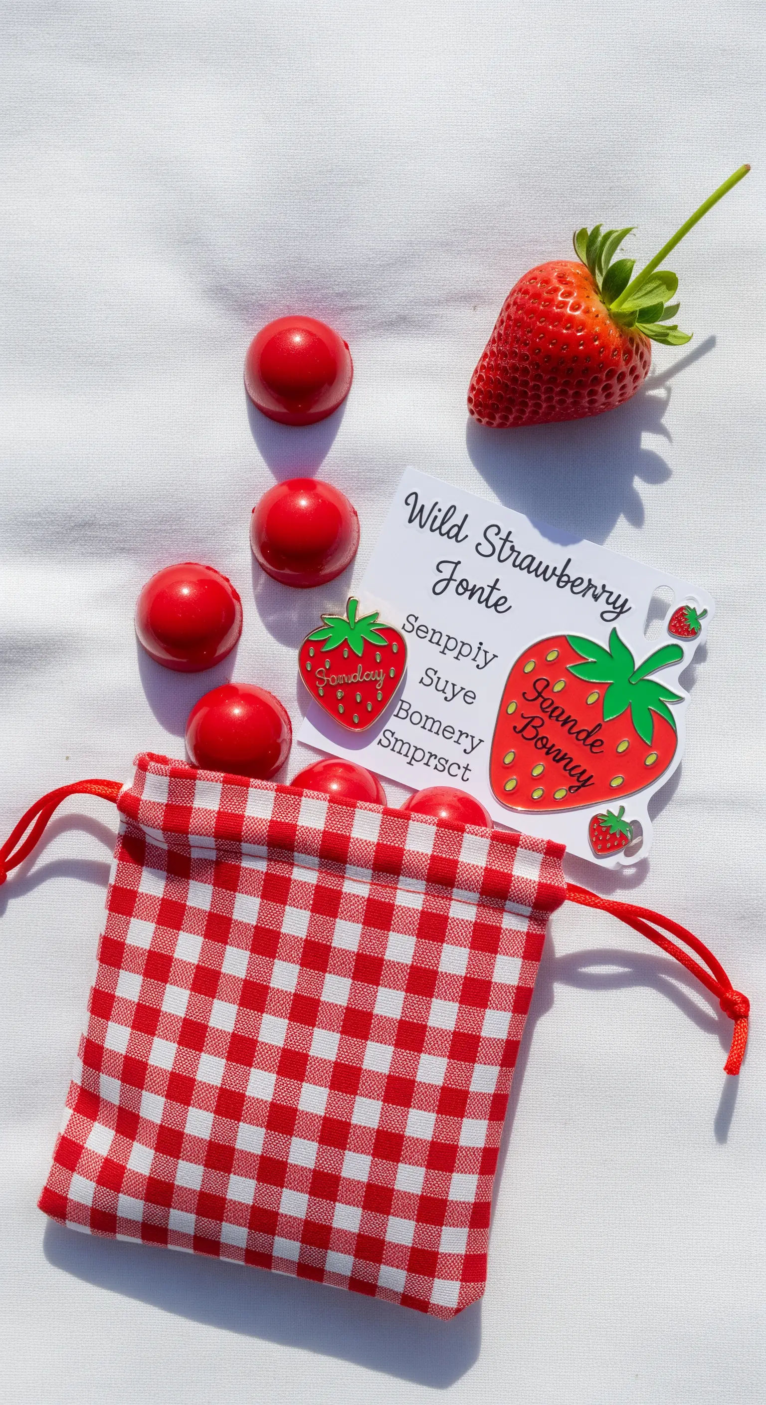 Sacchetto a quadri vichy rossi e bianchi con caramelle alla fragola e adesivi a tema.