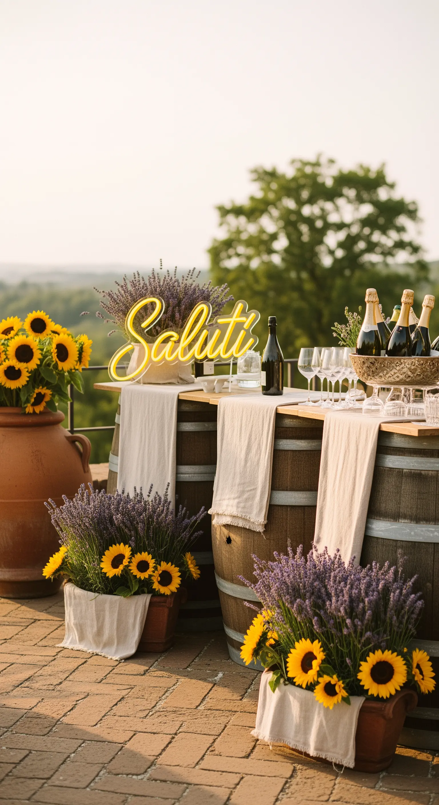 Angolo prosecco su botti di legno con girasoli, lavanda e insegna 