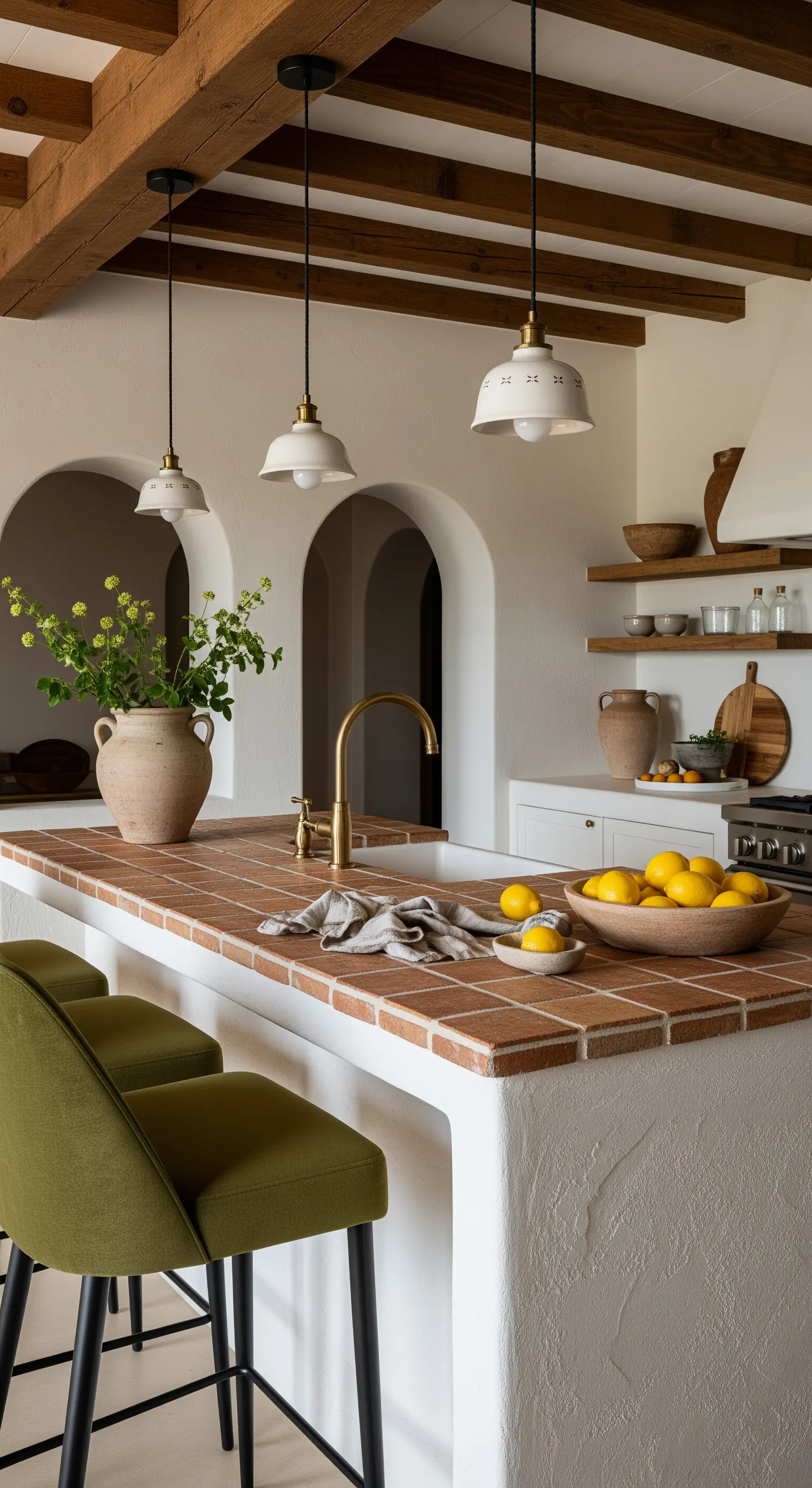 Cucina in stile mediterraneo con penisola in muratura e piano in terracotta, con sgabelli verde oliva