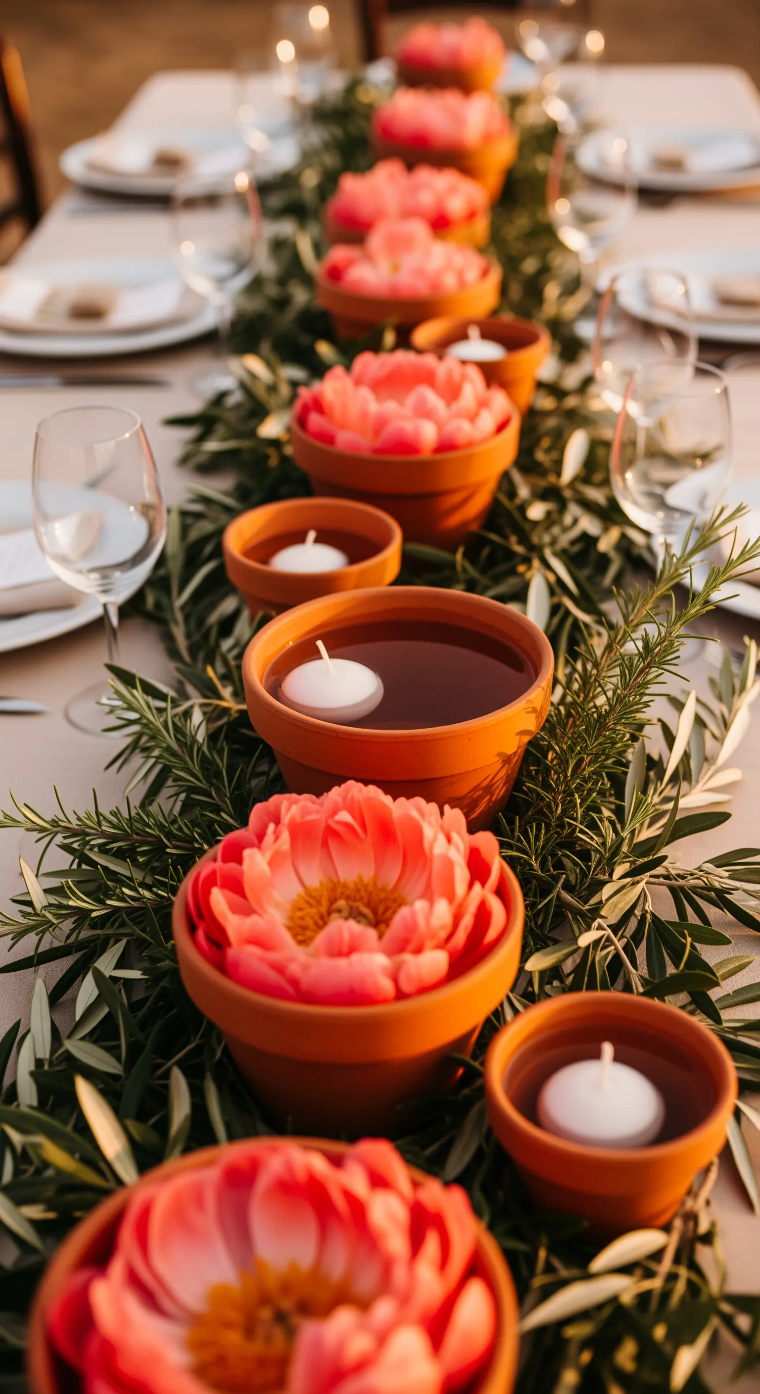 Runner di vasi in terracotta con peonie corallo, candele galleggianti, rosmarino e ulivo.