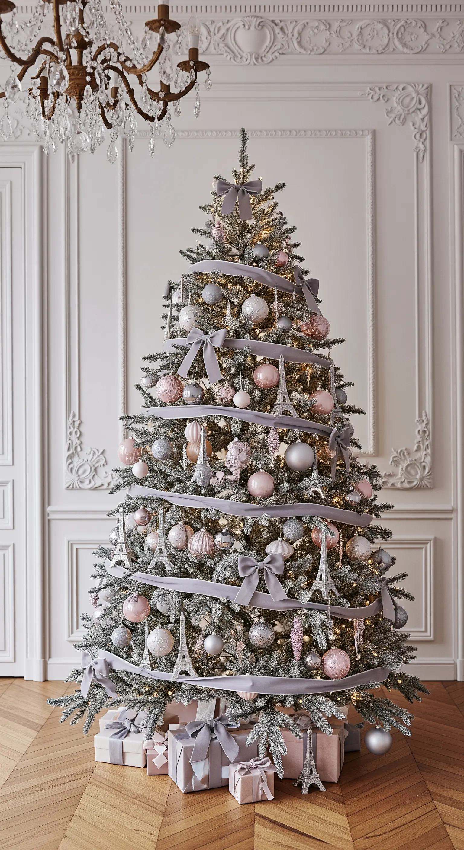 Albero di Natale con decorazioni rosa e argento, fiocchi grigi e miniature della Torre Eiffel