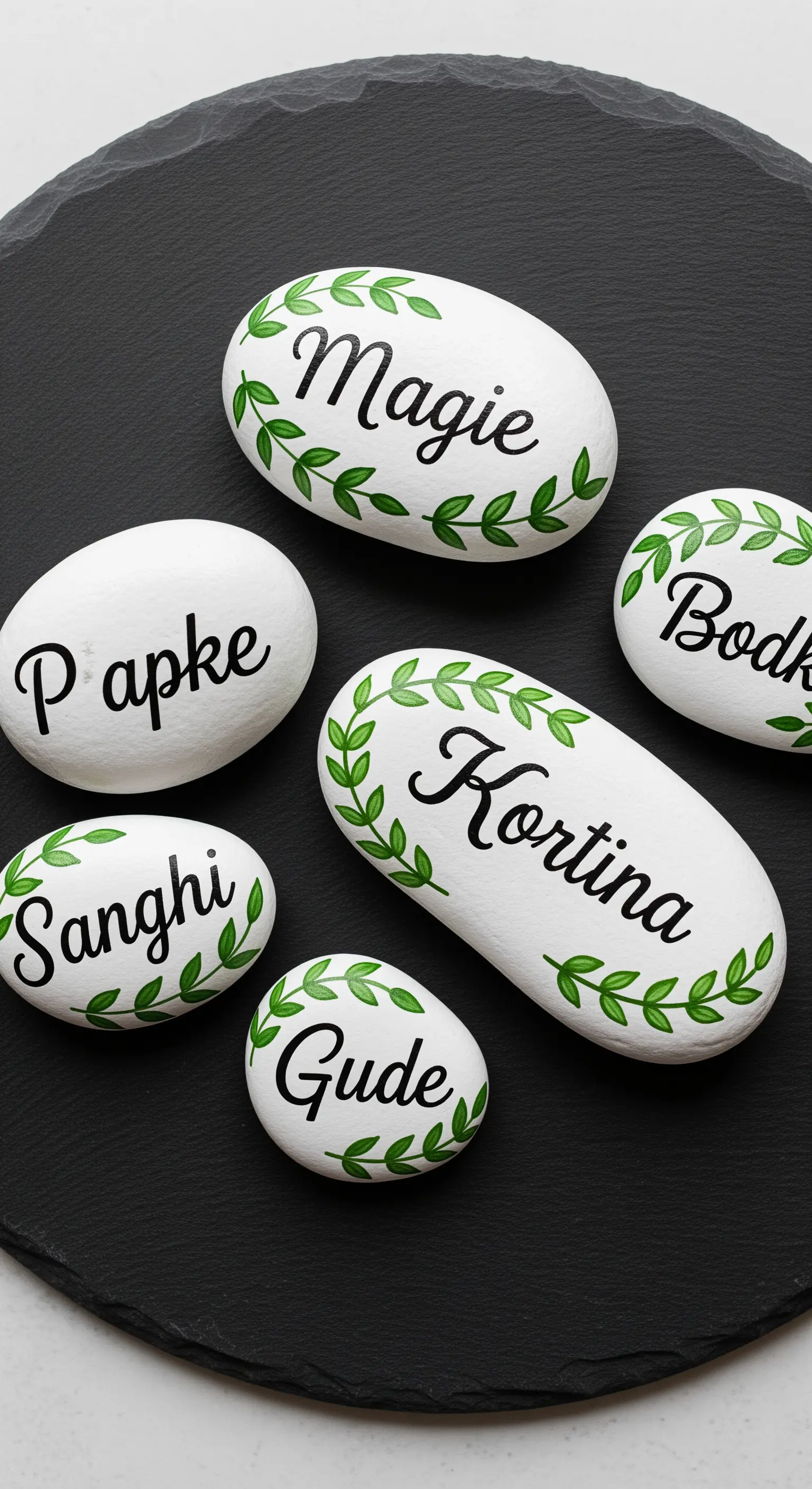 Sassi di fiume dipinti di bianco con nomi e decorazioni a forma di foglioline verdi.