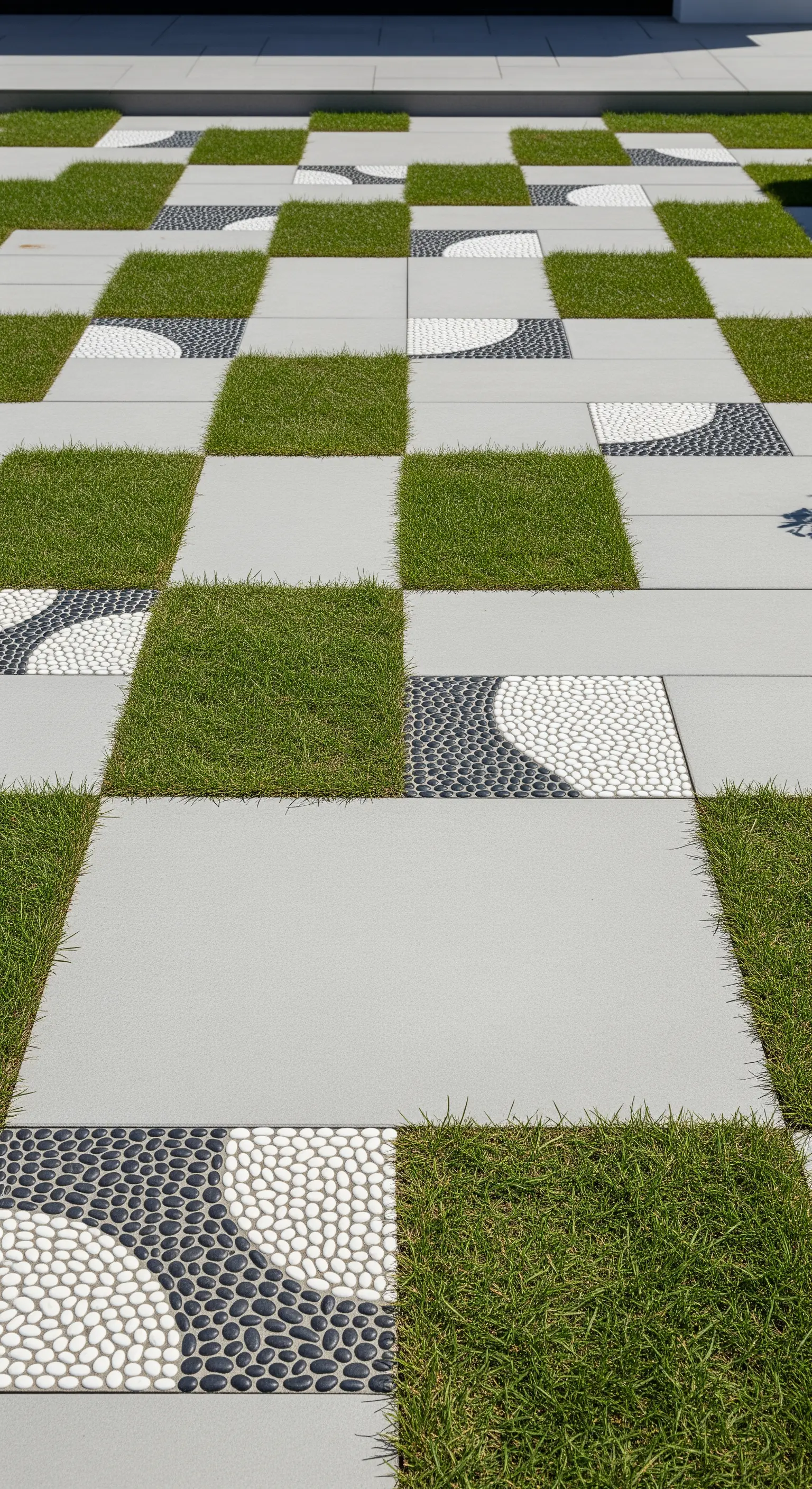 Sentiero a scacchiera che alterna quadrati d'erba a lastre con mosaici di ciottoli bianchi e neri.
