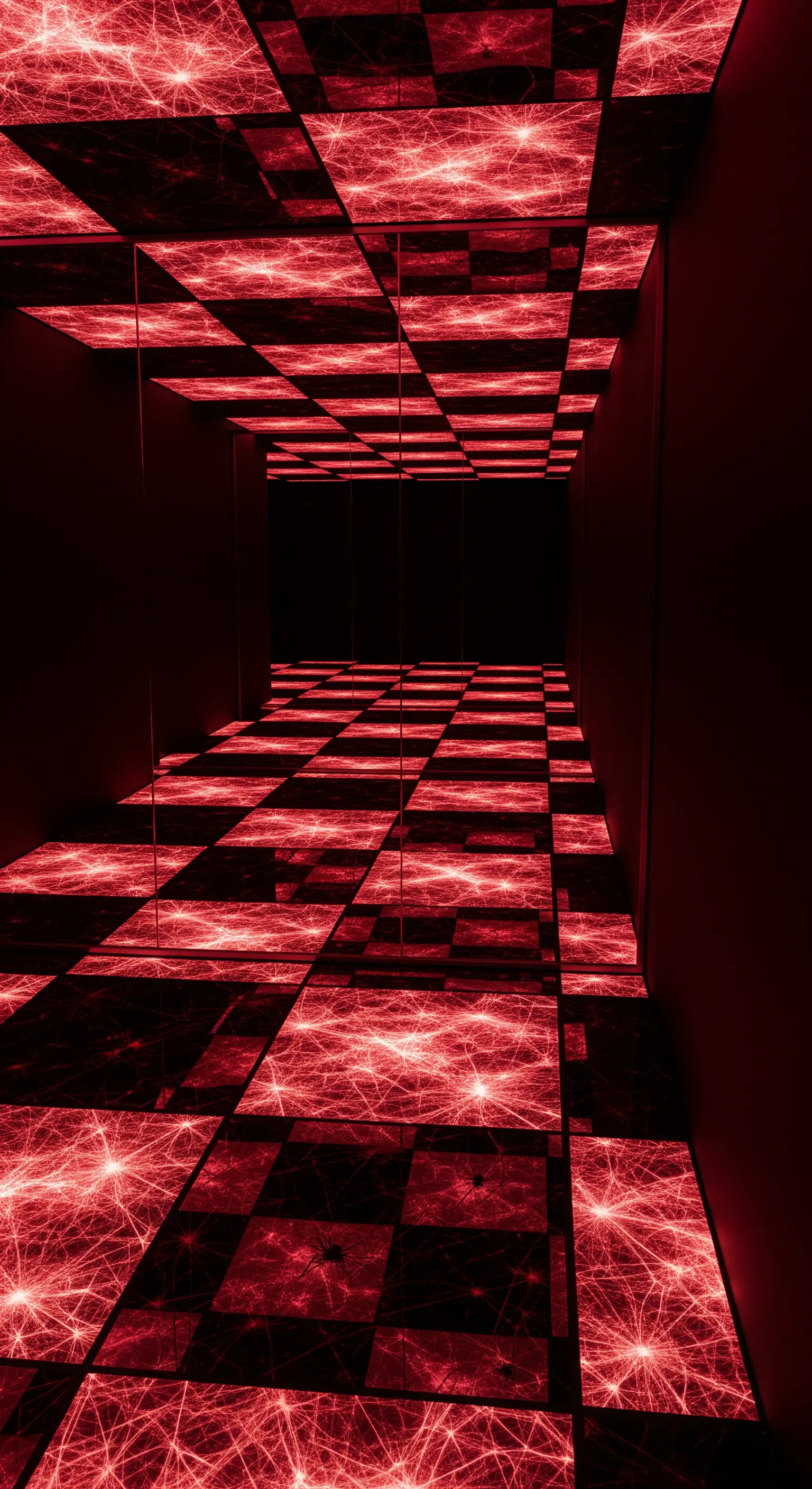 Stanza a specchi con pavimento a scacchiera illuminato di rosso.