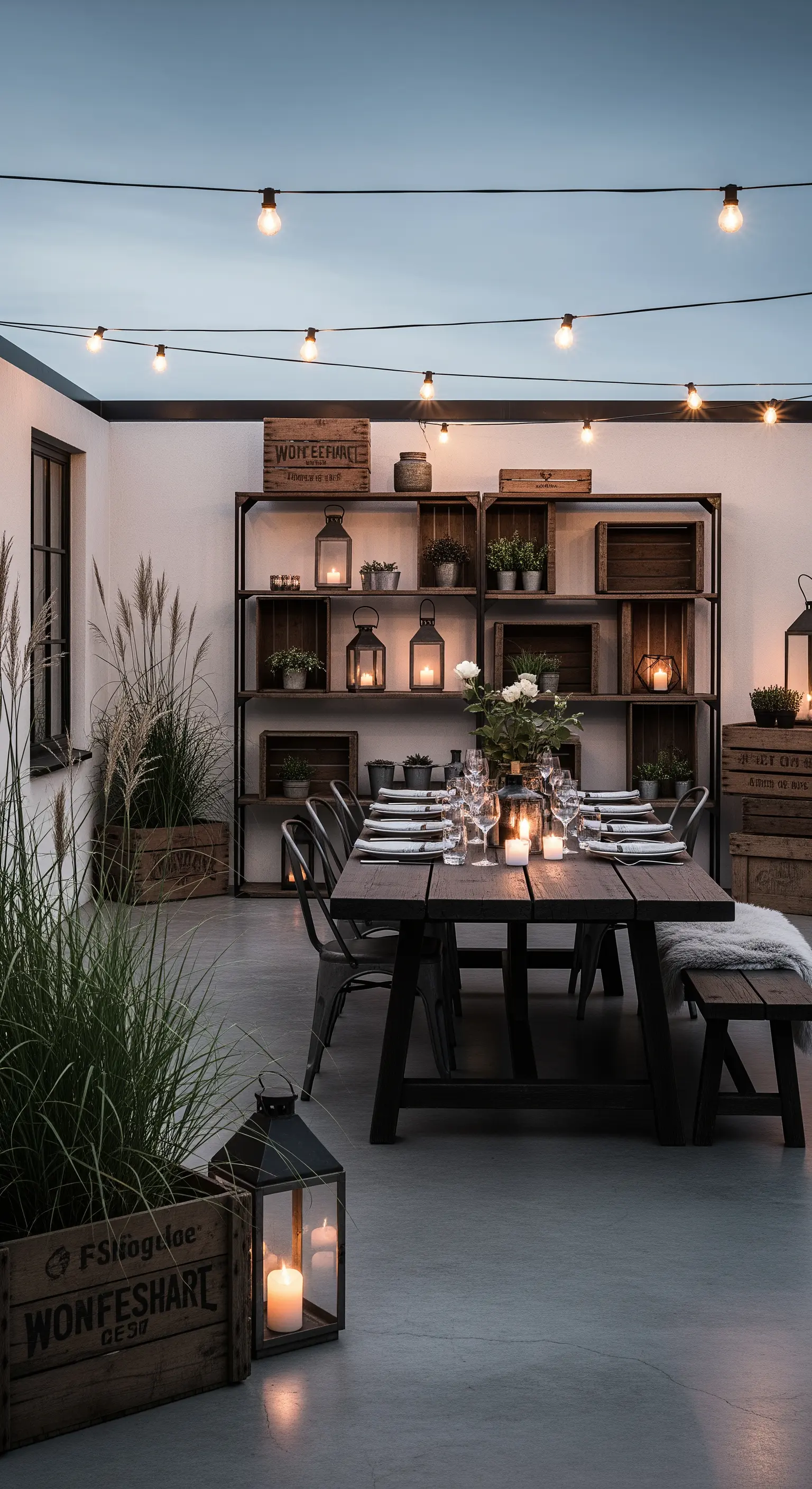 Scaffalatura in metallo e cassette di legno dietro un tavolo da pranzo in un patio coperto