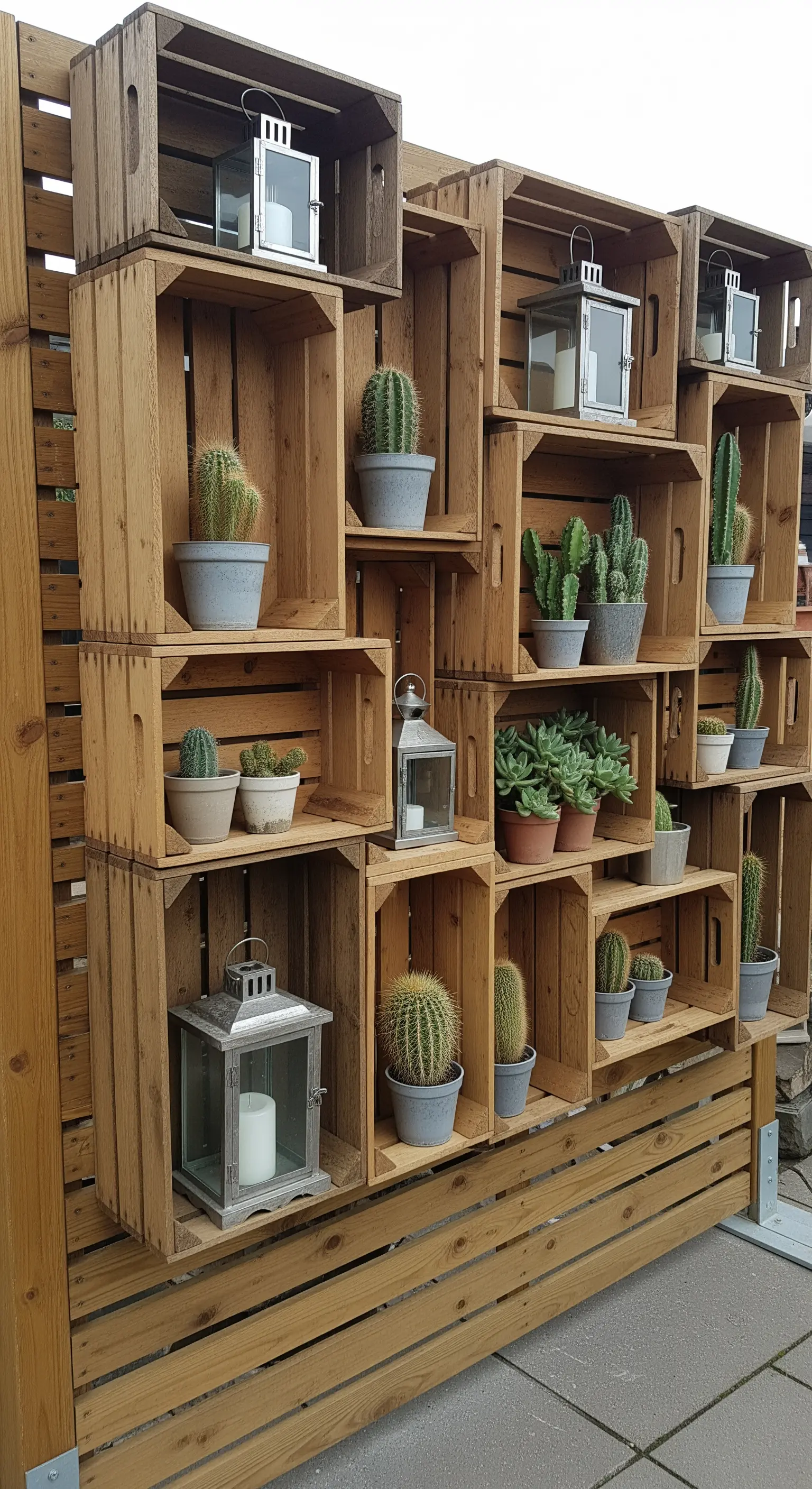 Parete di cassette di legno che funge da scaffale per una collezione di cactus e lanterne.