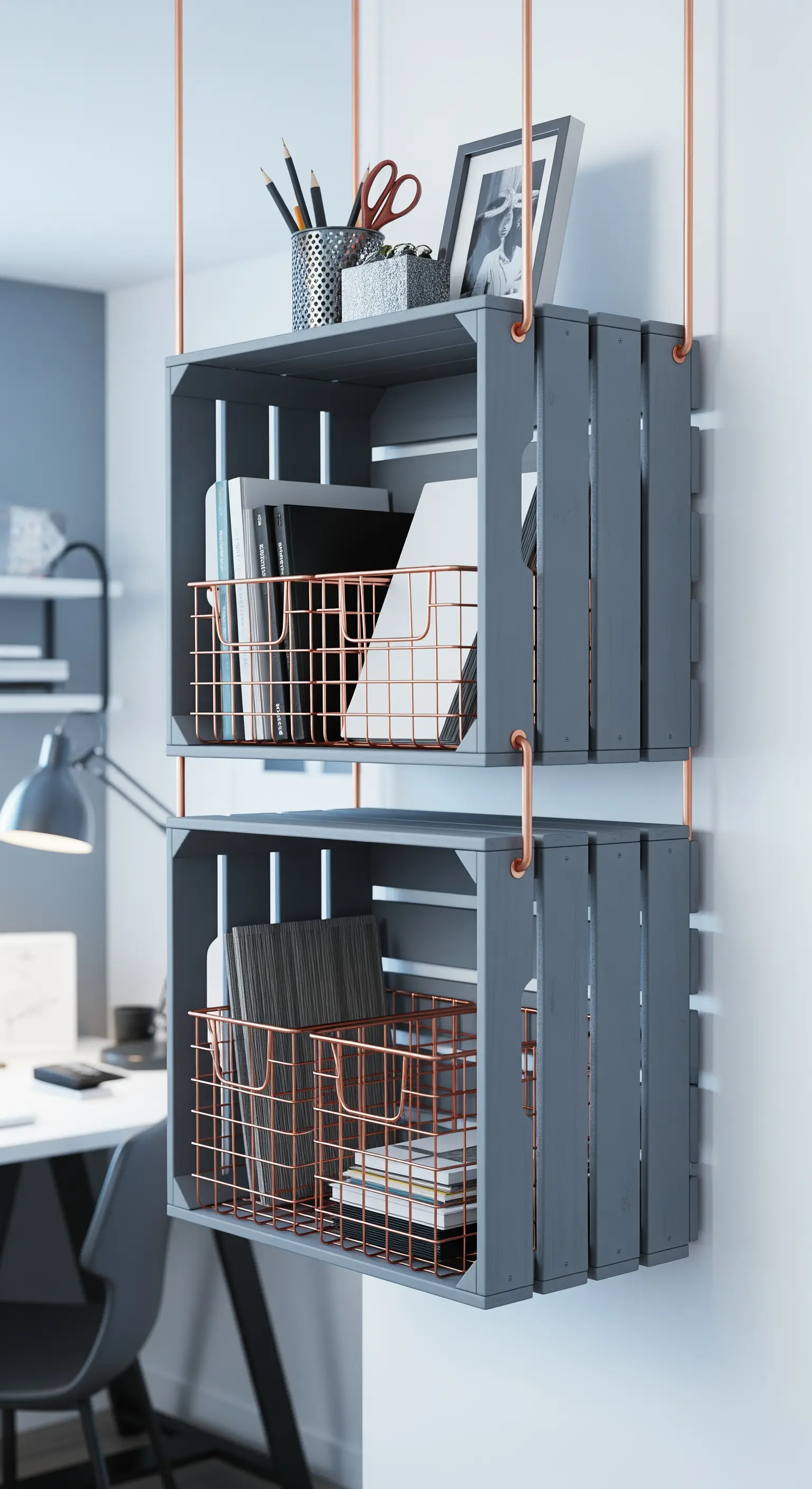 Scaffali grigi a due livelli sospesi con tubi di rame lucido come supporto.