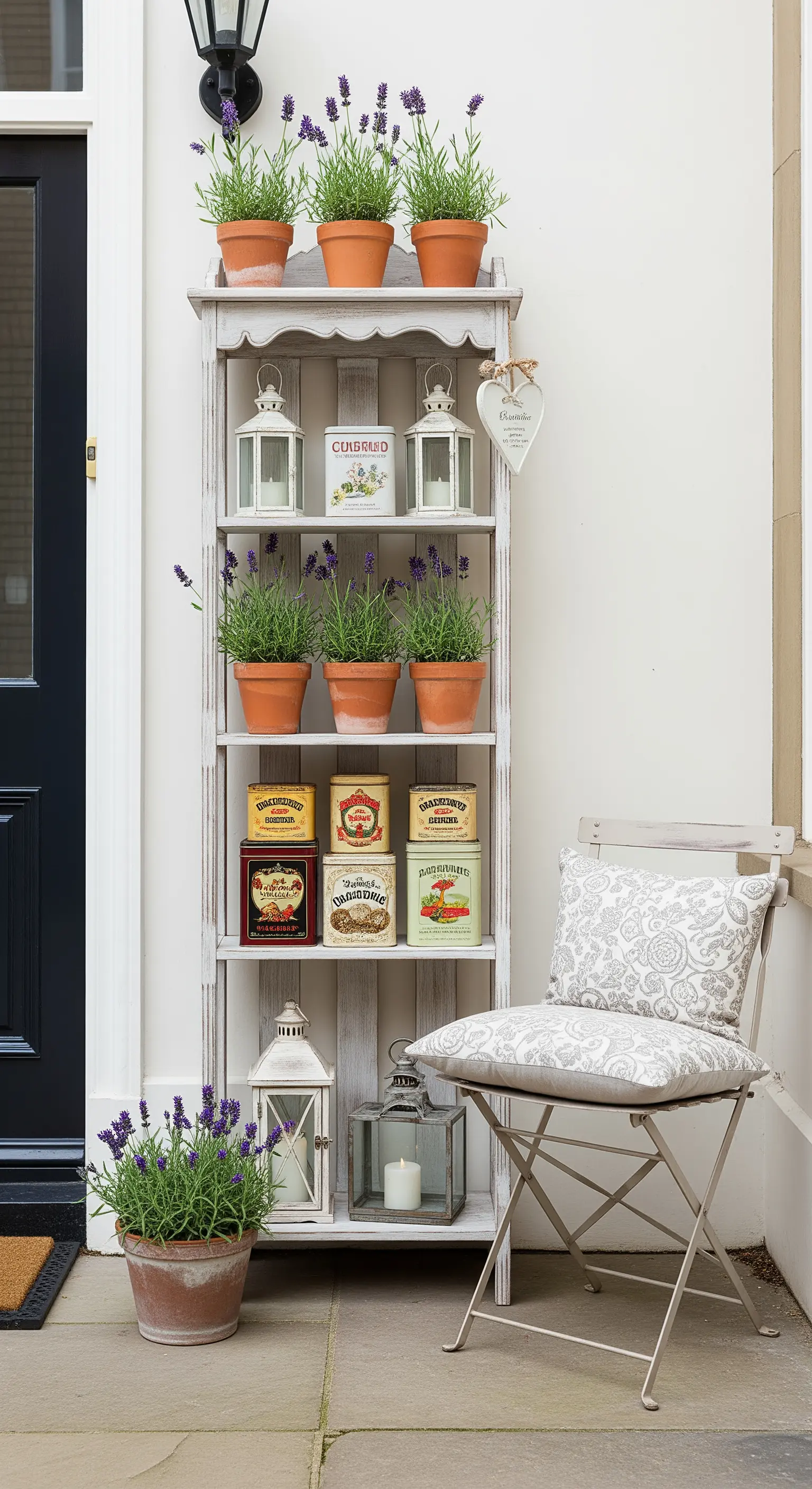 Libreria bianca decapé con piante di lavanda, scatole di latta vintage e piccole lanterne.