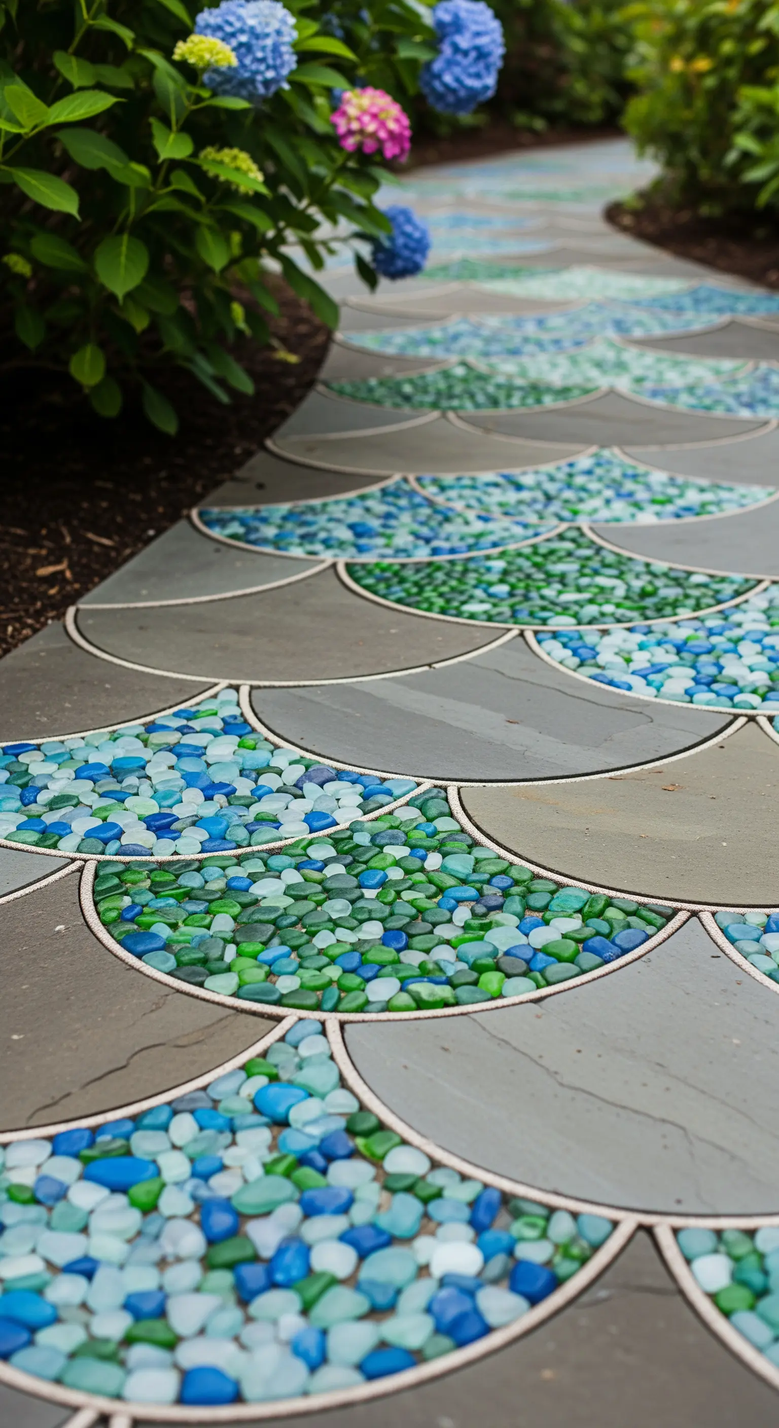 Sentiero a scaglie di sirena con pietre grigie e mosaico di vetri di mare blu e verdi.