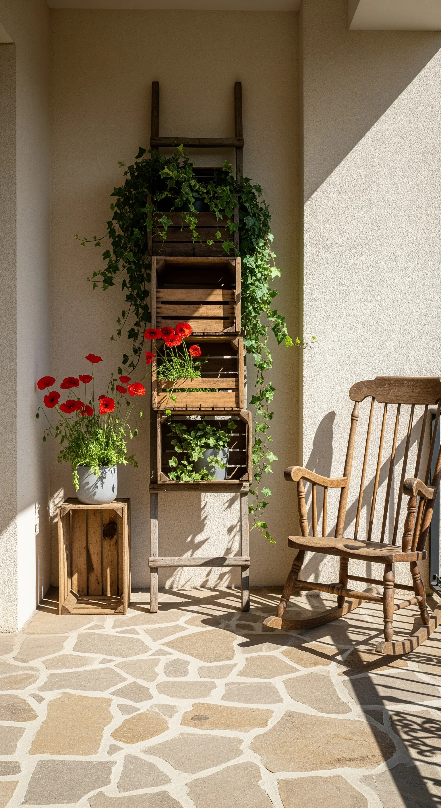 Scala a pioli in legno usata come supporto per cassette con edera e papaveri rossi.