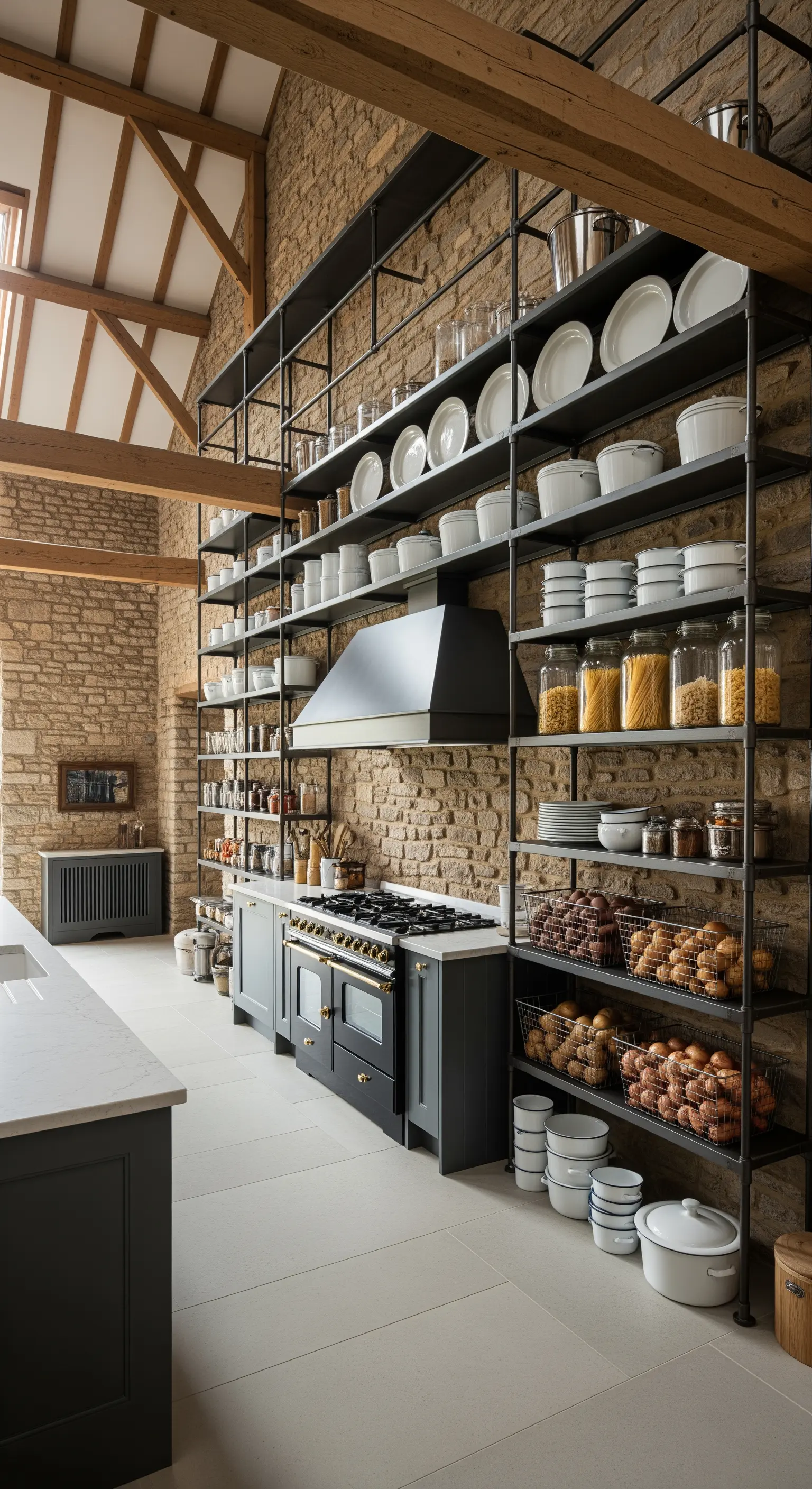 Scaffalatura industriale nera a tutta altezza in una cucina con pareti in pietra.