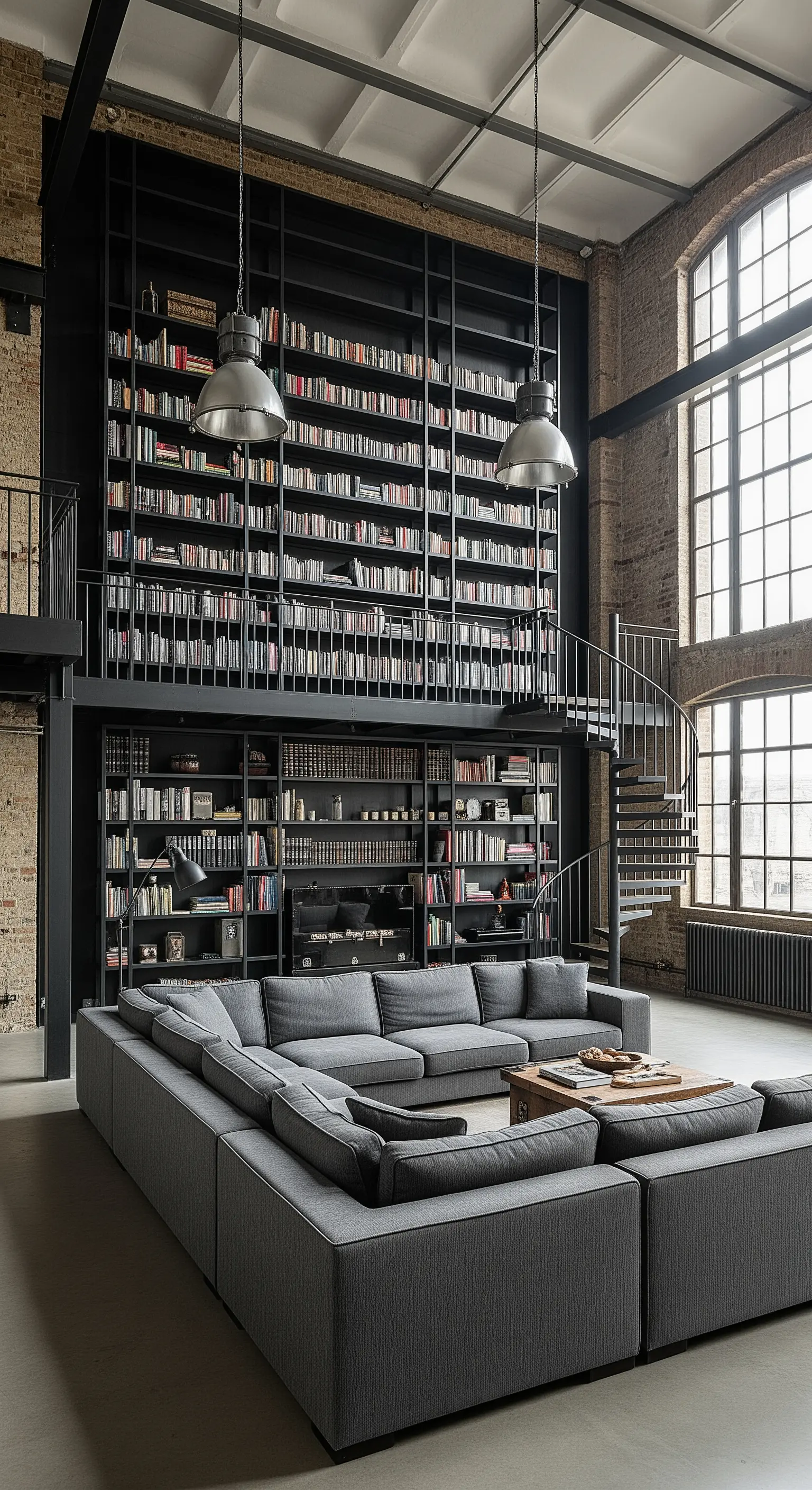 Loft industriale con libreria in metallo nero su due piani e scala a chiocciola.