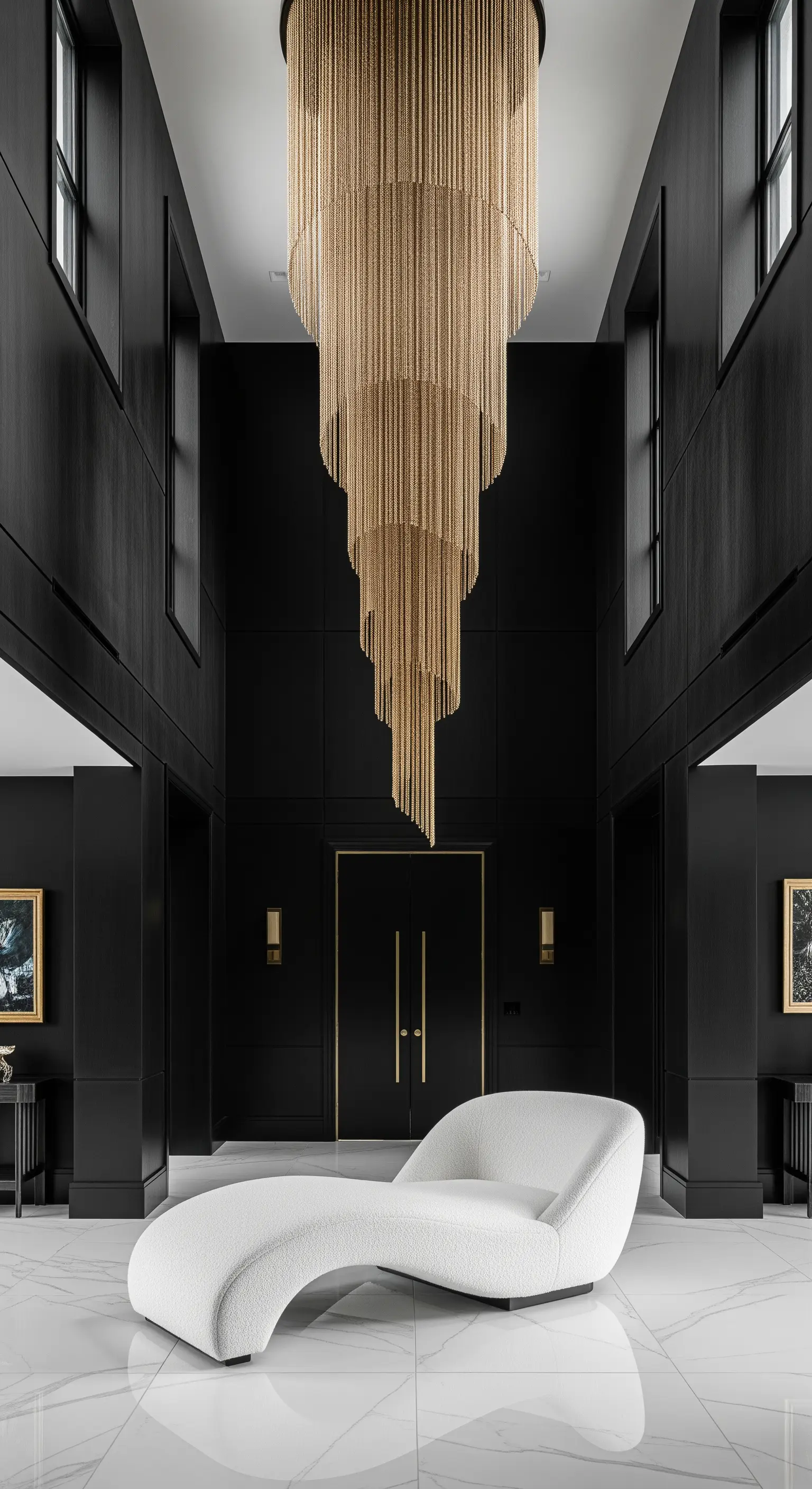 Ingresso a doppia altezza con pareti nere, lampadario dorato a cascata e chaise-longue bianca.