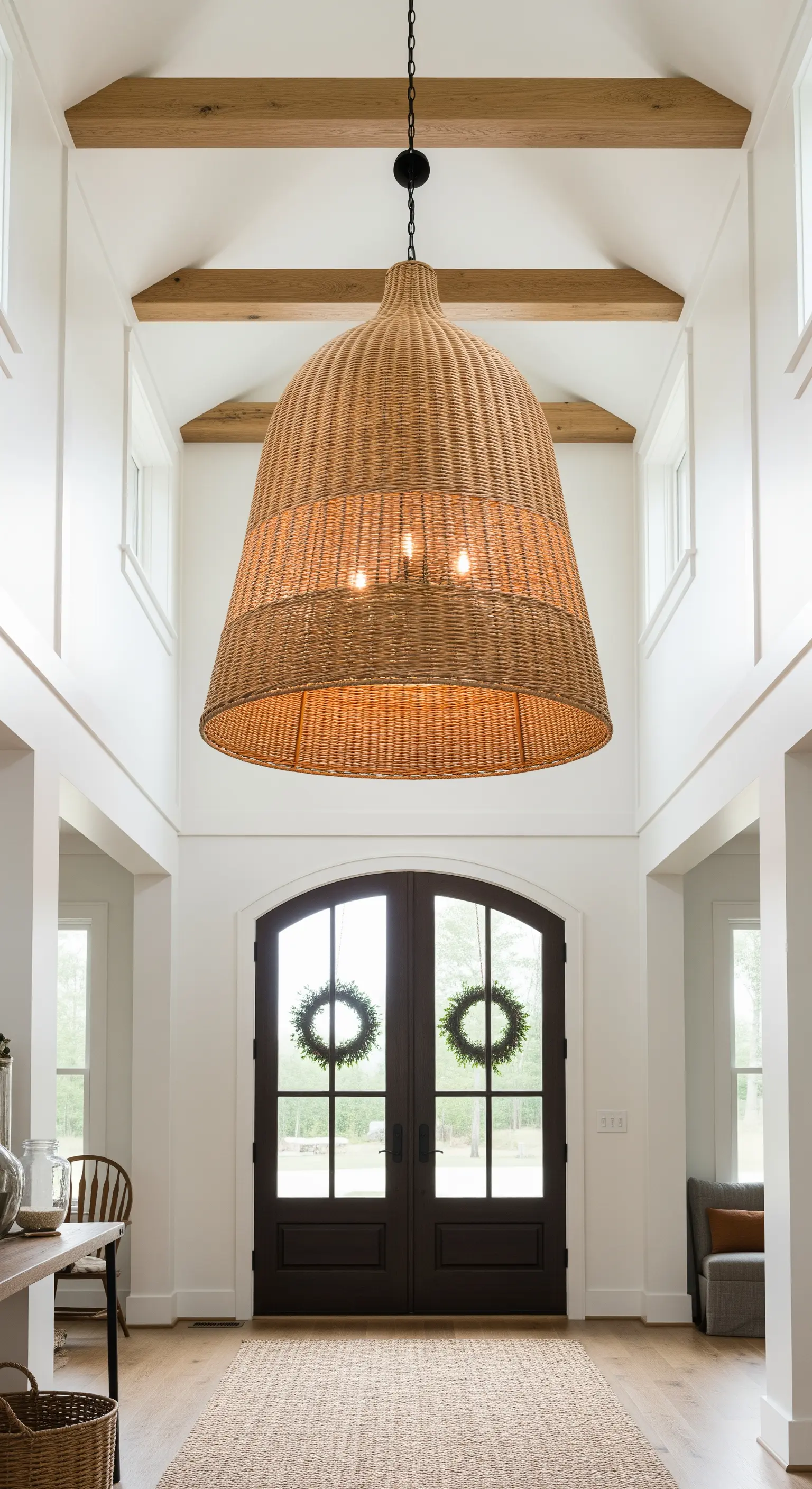 Enorme lampadario a campana in vimini in un ingresso a doppia altezza.