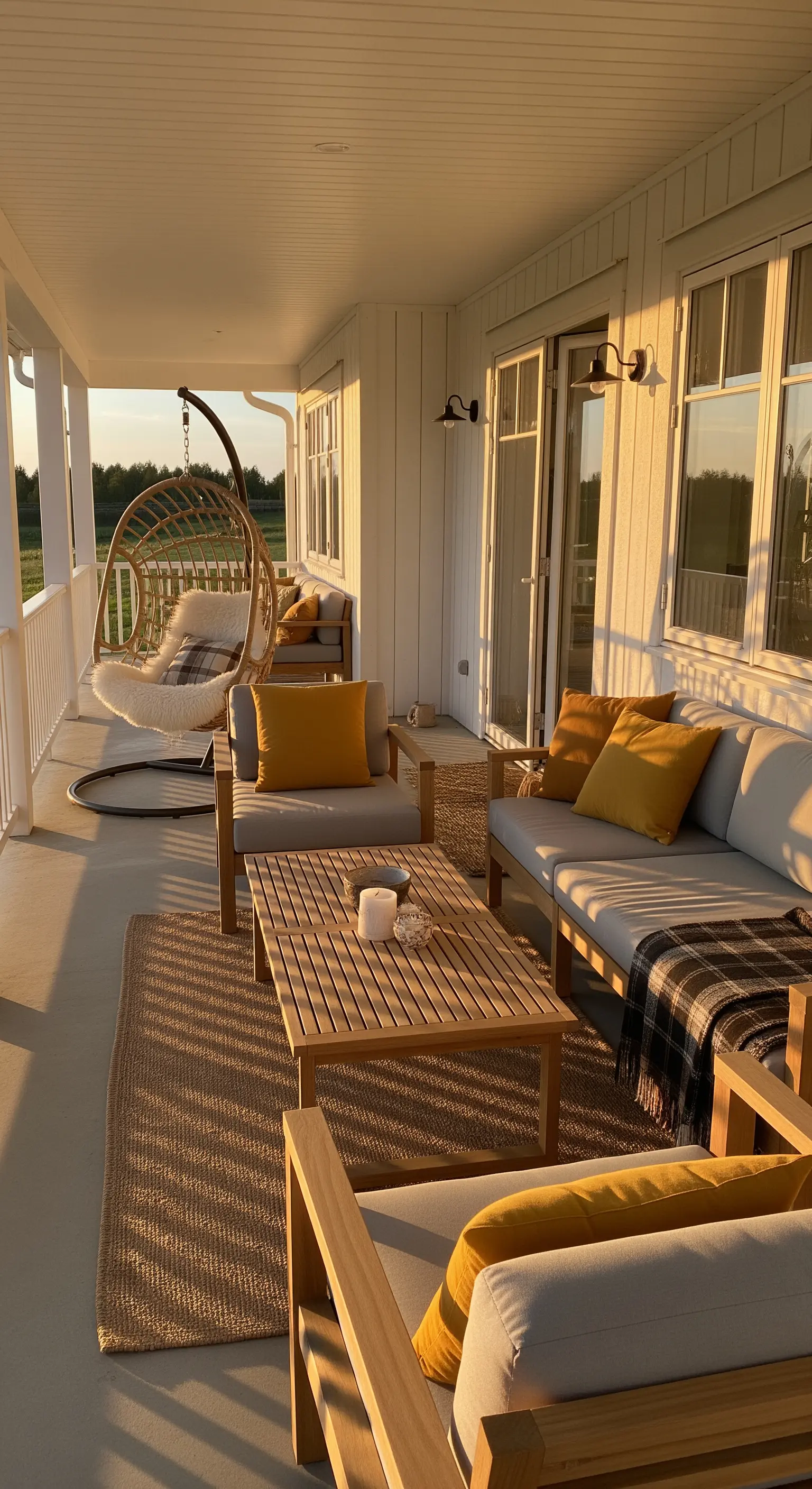 Ampio portico con divani in legno, cuscini gialli e una poltrona sospesa in rattan