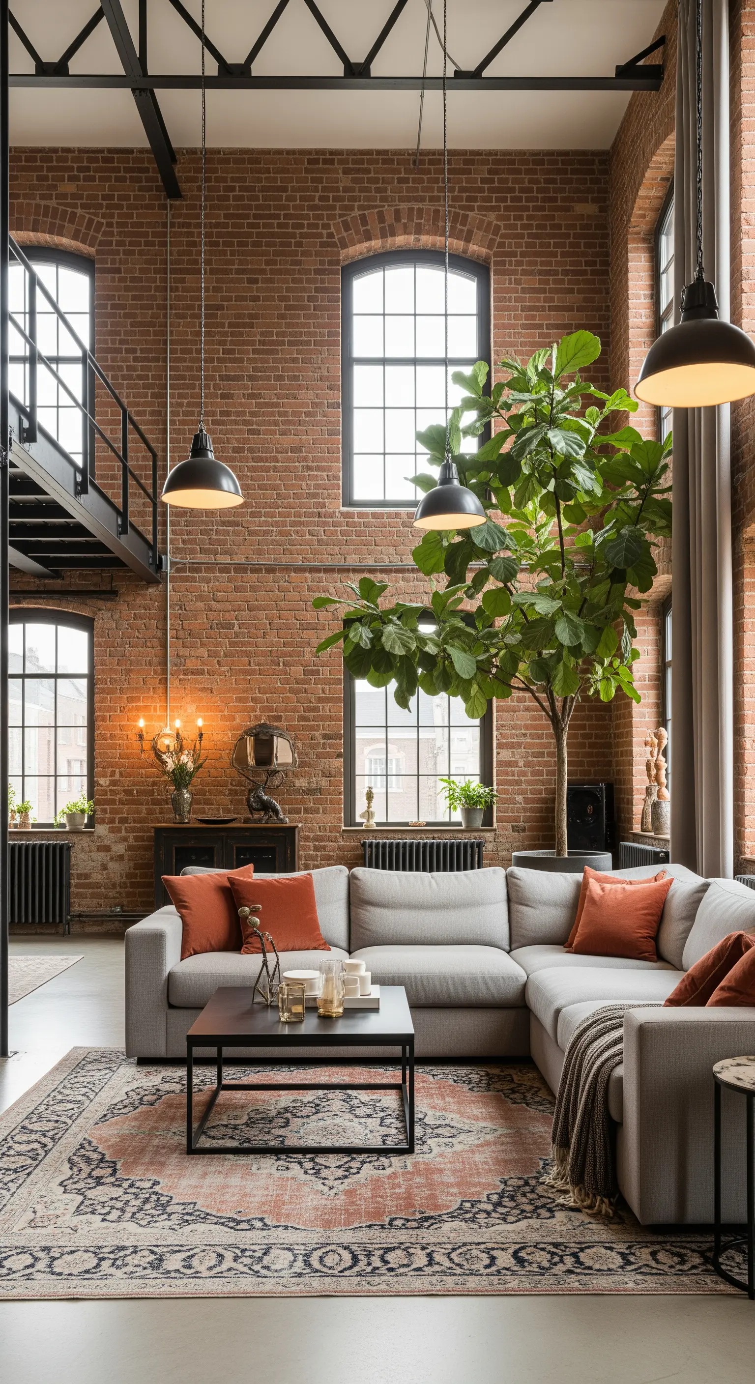 Loft industriale con pareti in mattoni, divano grigio e tappeto persiano color terracotta