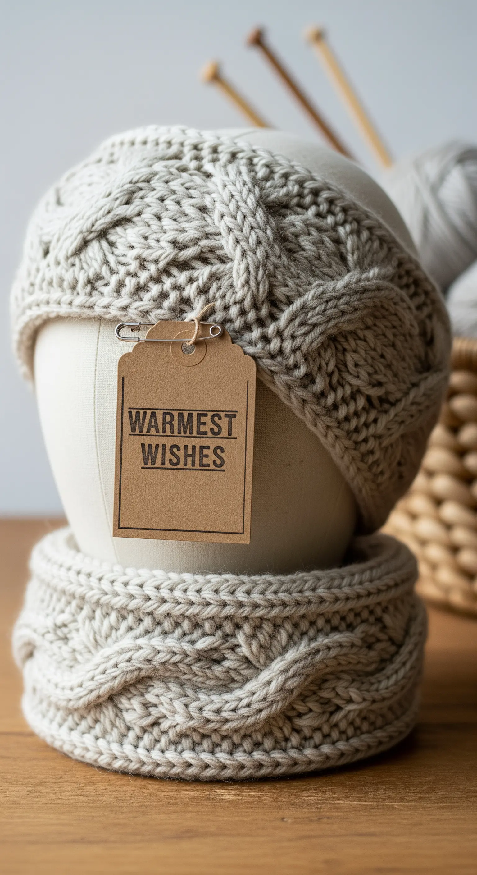 Set coordinato di scaldacollo e fascia in lana grigia lavorata a maglia su un manichino.