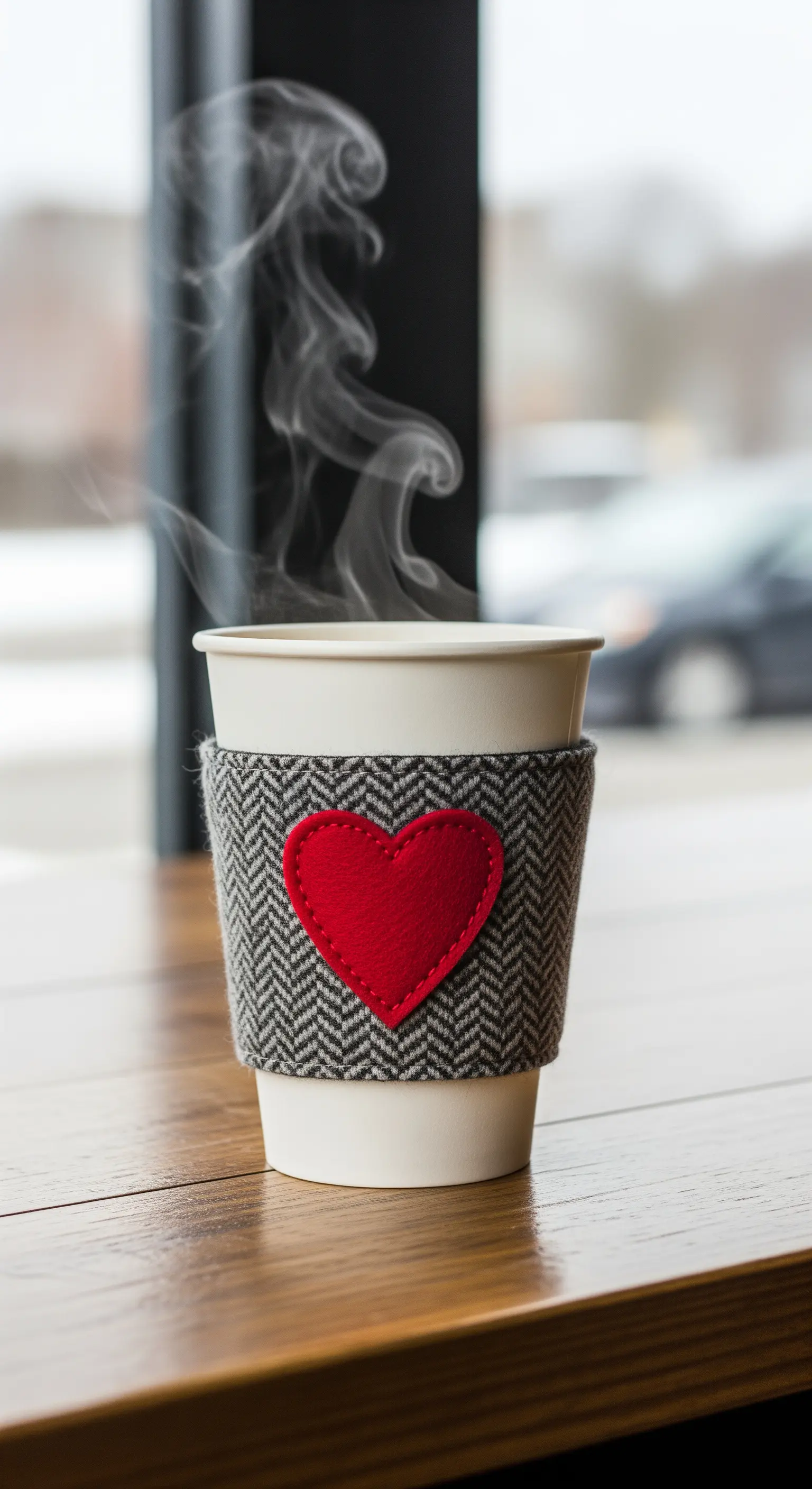 Bicchiere di carta con uno scaldatazza in tessuto grigio e un cuore di feltro rosso.