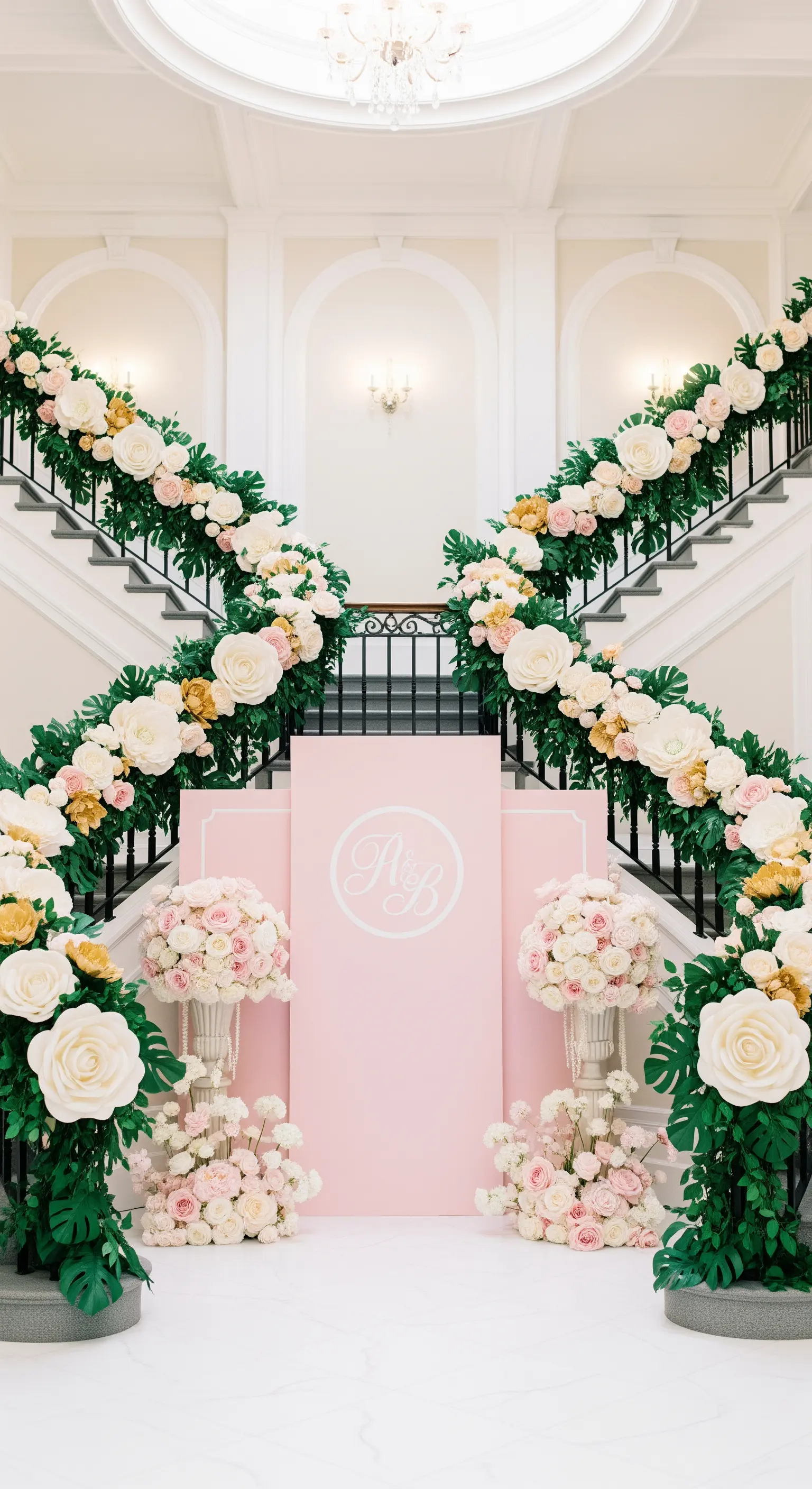 Elegante scalinata con corrimano decorati da ghirlande di rose di carta bianche e oro.