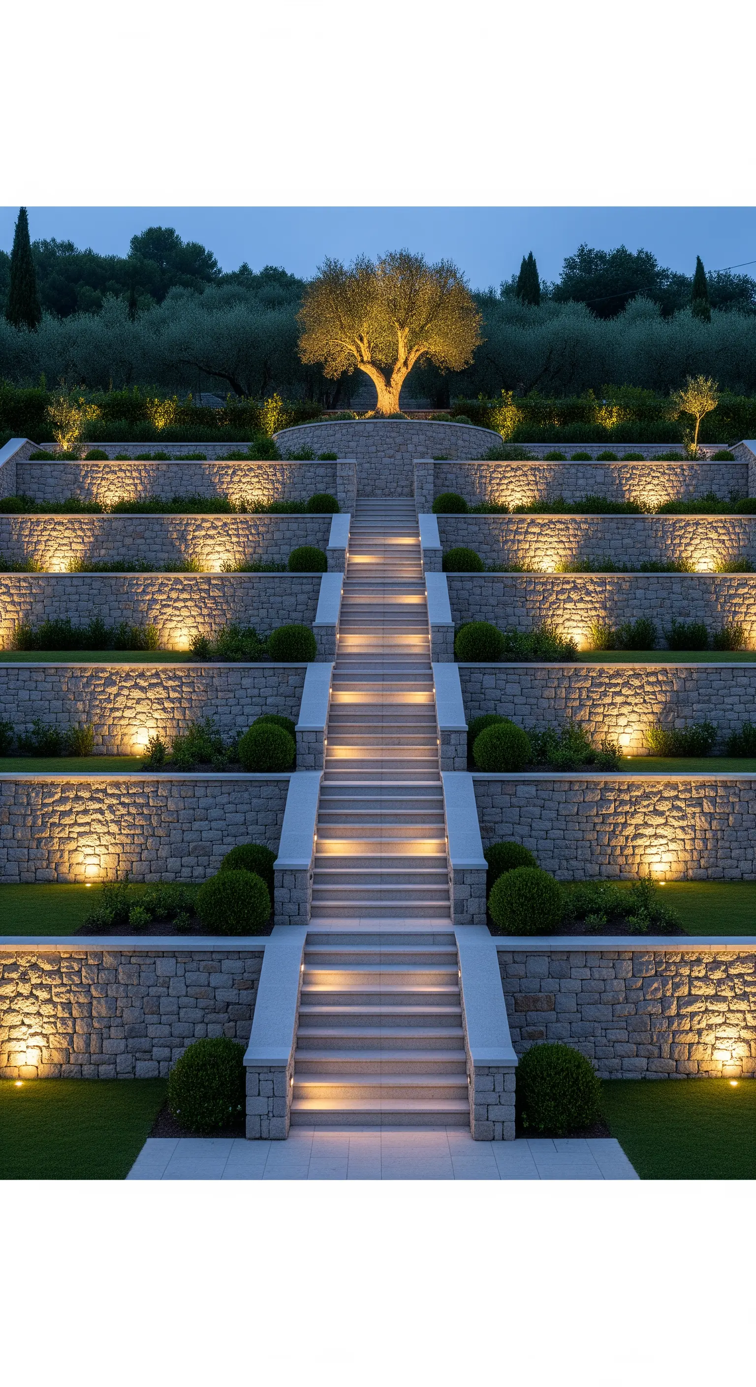 Grande scalinata esterna su giardino terrazzato con muretti a secco e faretti integrati.