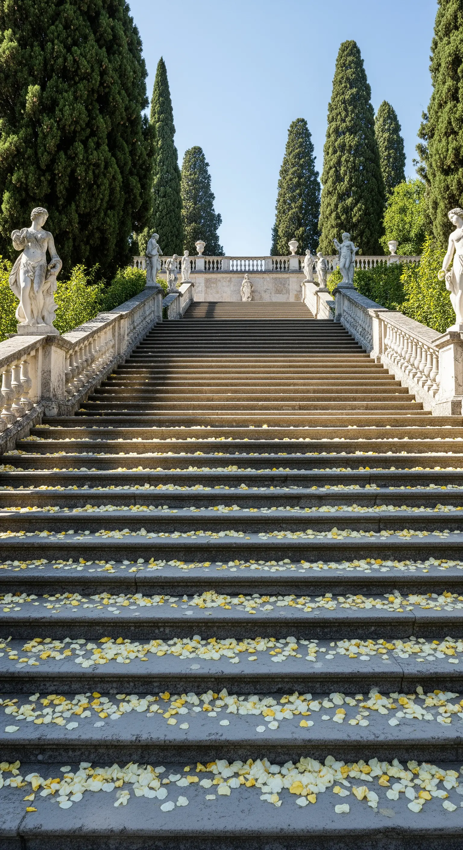 Grande scalinata in pietra di una villa storica, cosparsa di petali di rosa gialli.