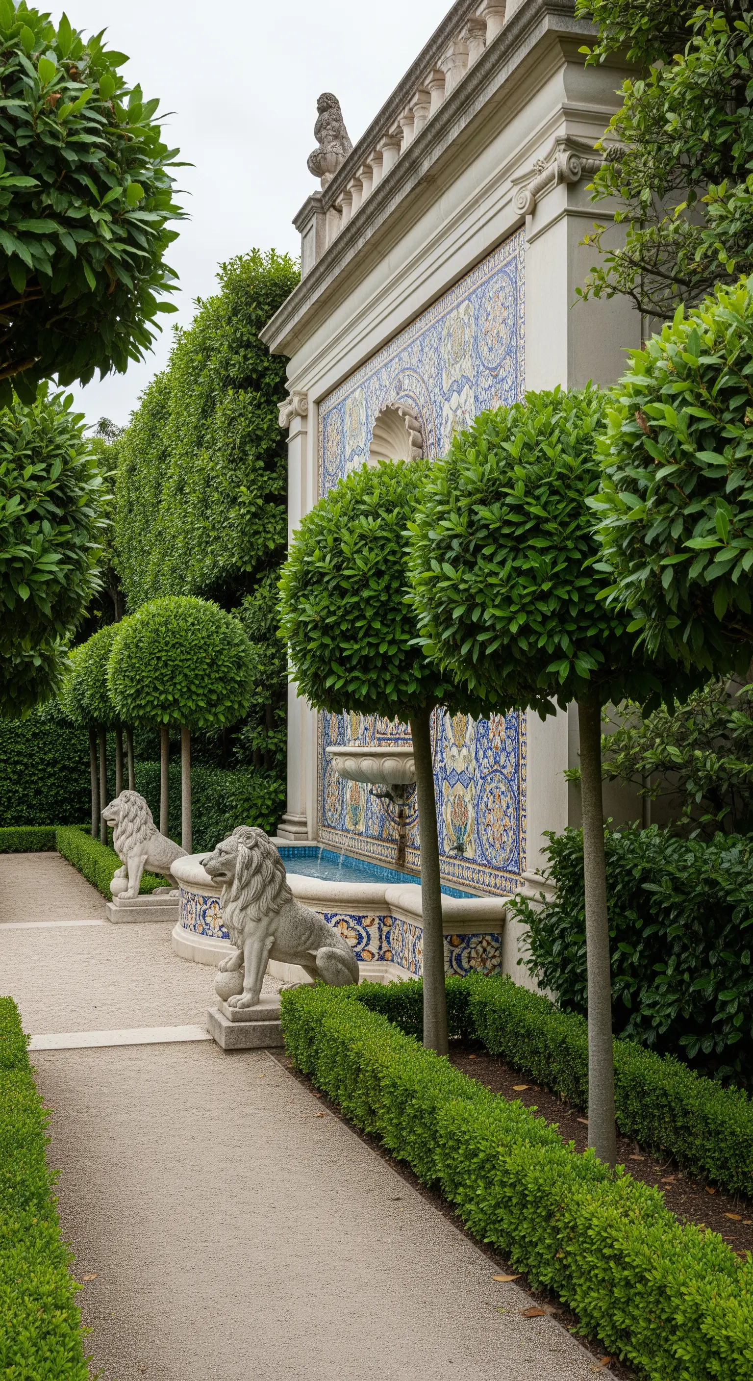 Viale di un giardino formale con alberi potati a sfera, statue di leoni e una parete a mosaico