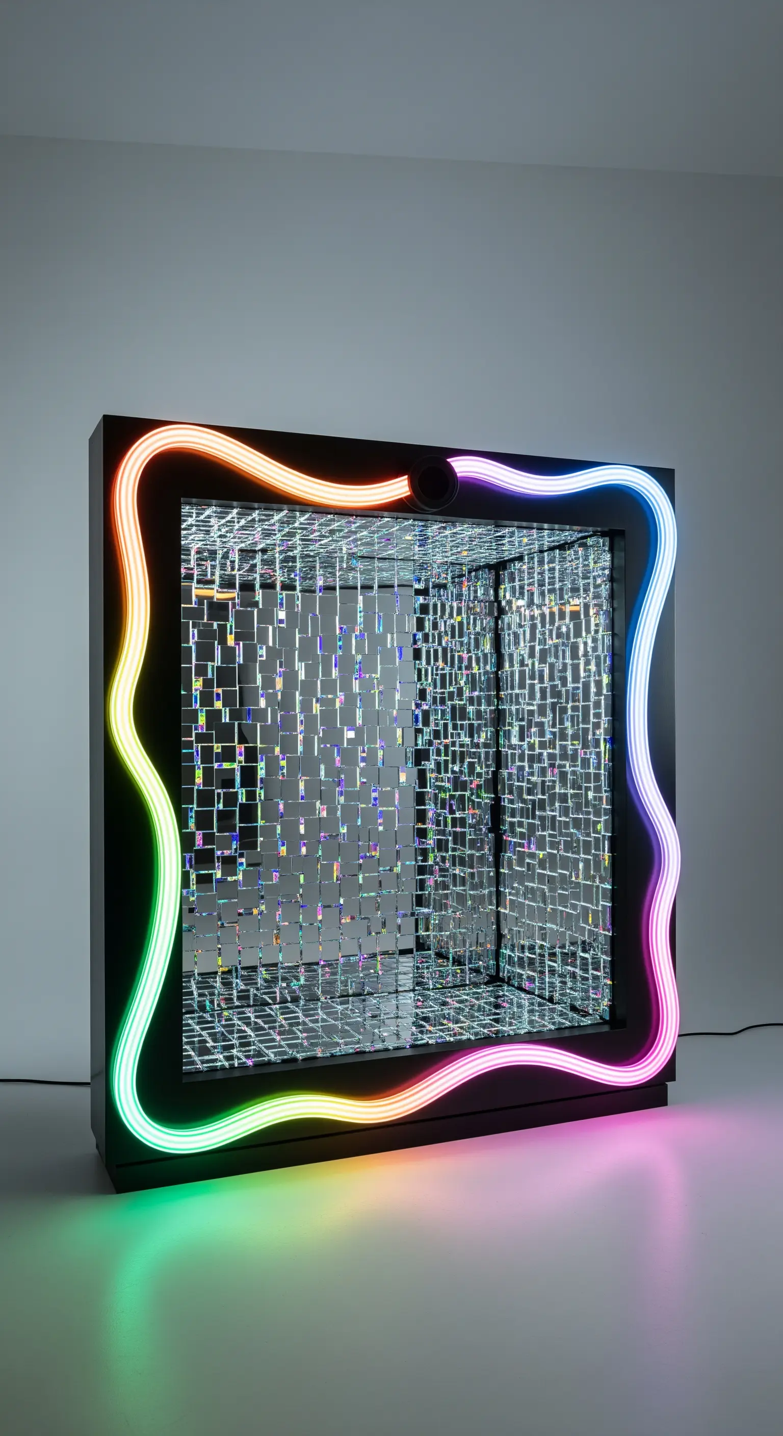 Photobooth a scatola con mosaico di specchi interni e cornice esterna con tubo LED arcobaleno.