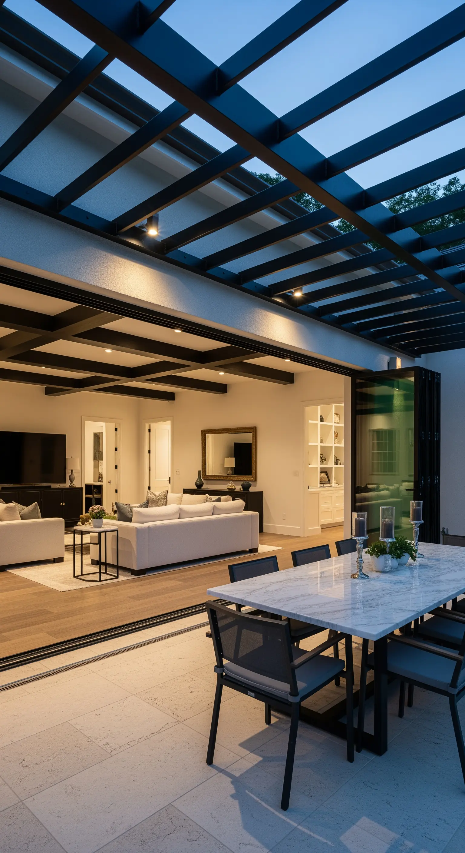 Patio moderno con pergola nera che continua il motivo a travi del soffitto interno.