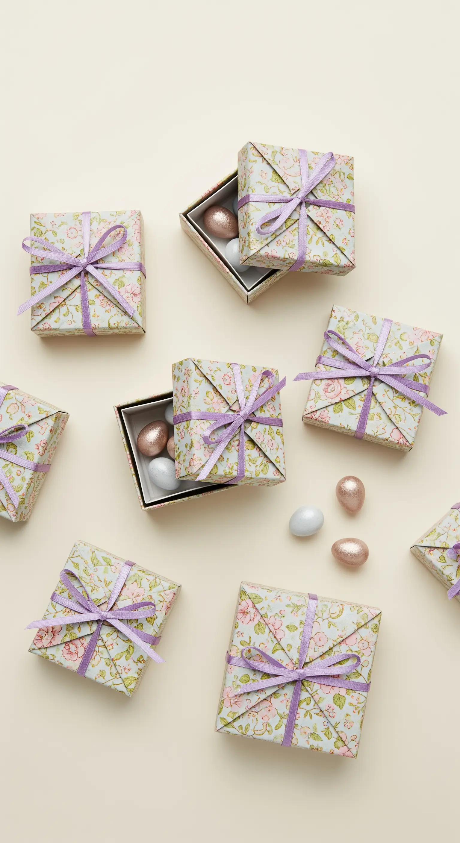 Piccole scatole regalo con carta a fiori e nastri viola.