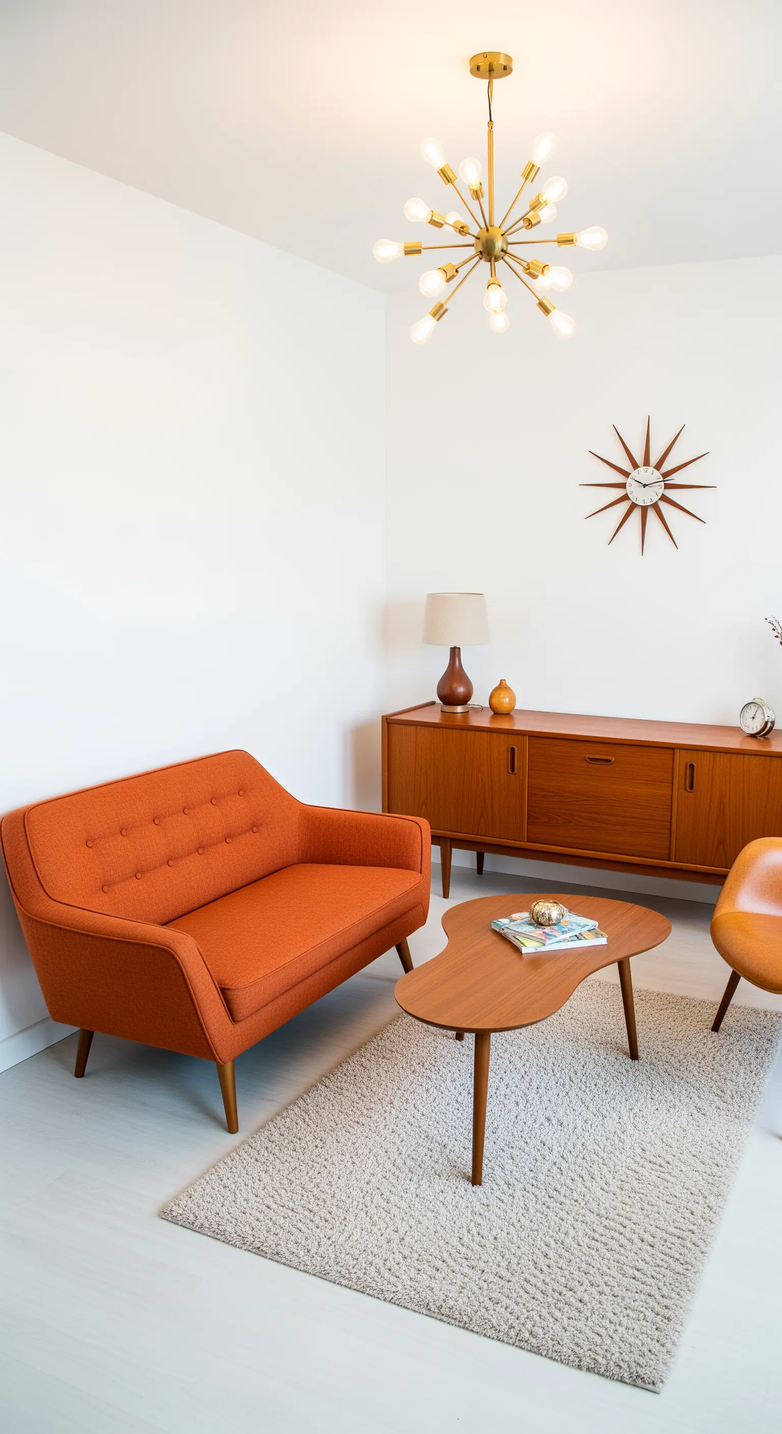 Angolo salotto in stile Mid-Century Modern con divanetto arancione e credenza in legno di teak