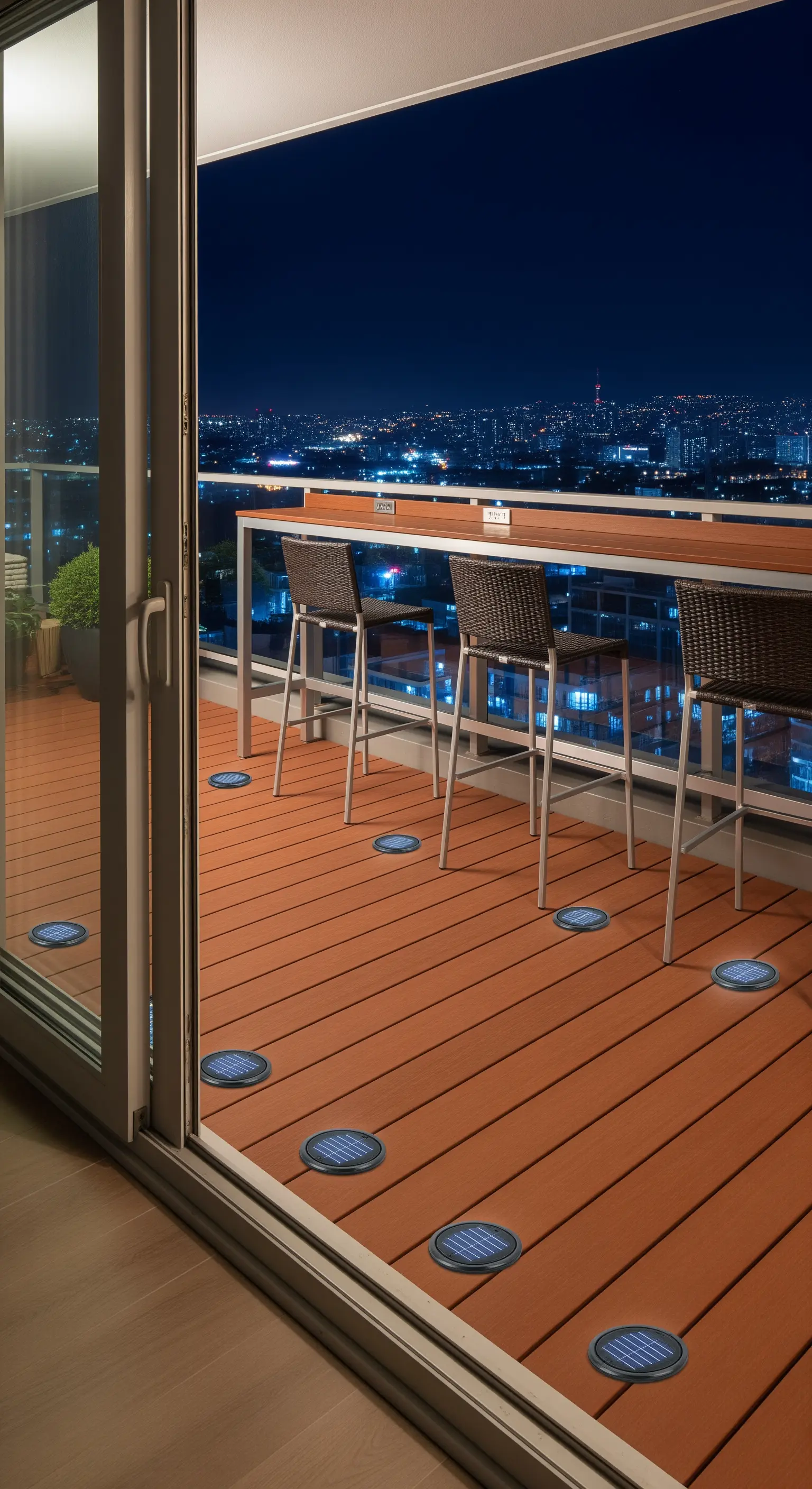 Balcone con bancone bar e faretti solari a incasso nel pavimento in legno composito