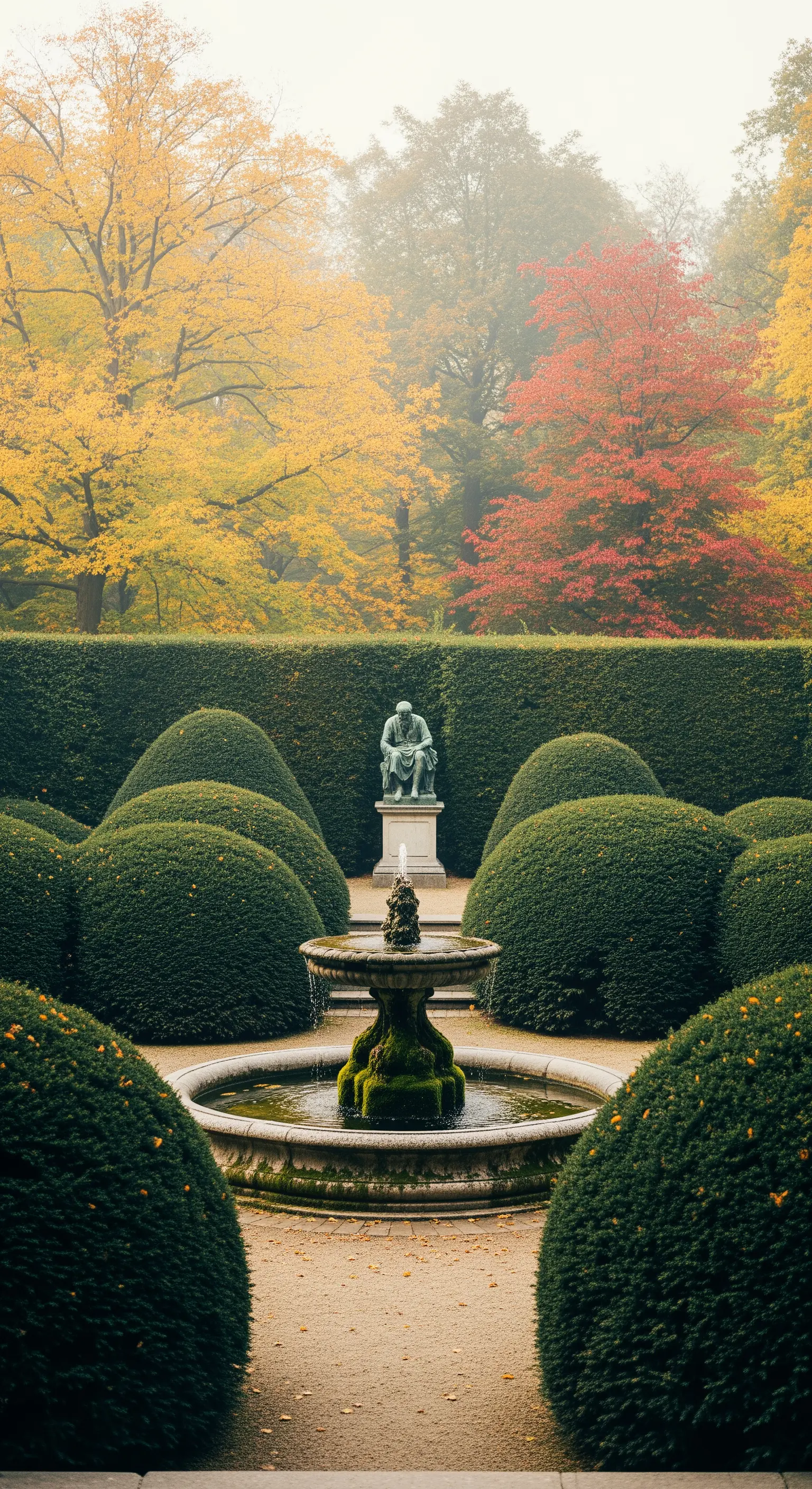 Giardino d'autunno con fontana centrale circondata da grandi arbusti potati a forma di nuvola