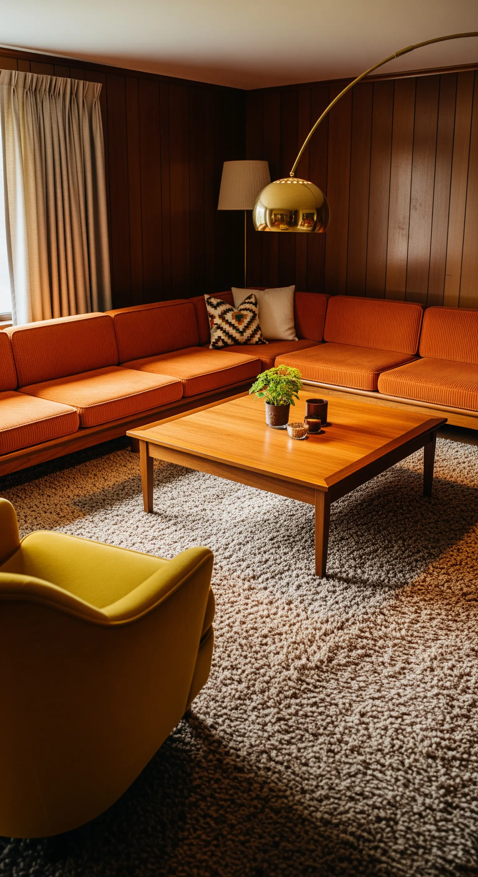 Salotto vintage con boiserie in legno, divano arancione e poltrona senape su tappeto a pelo lungo.