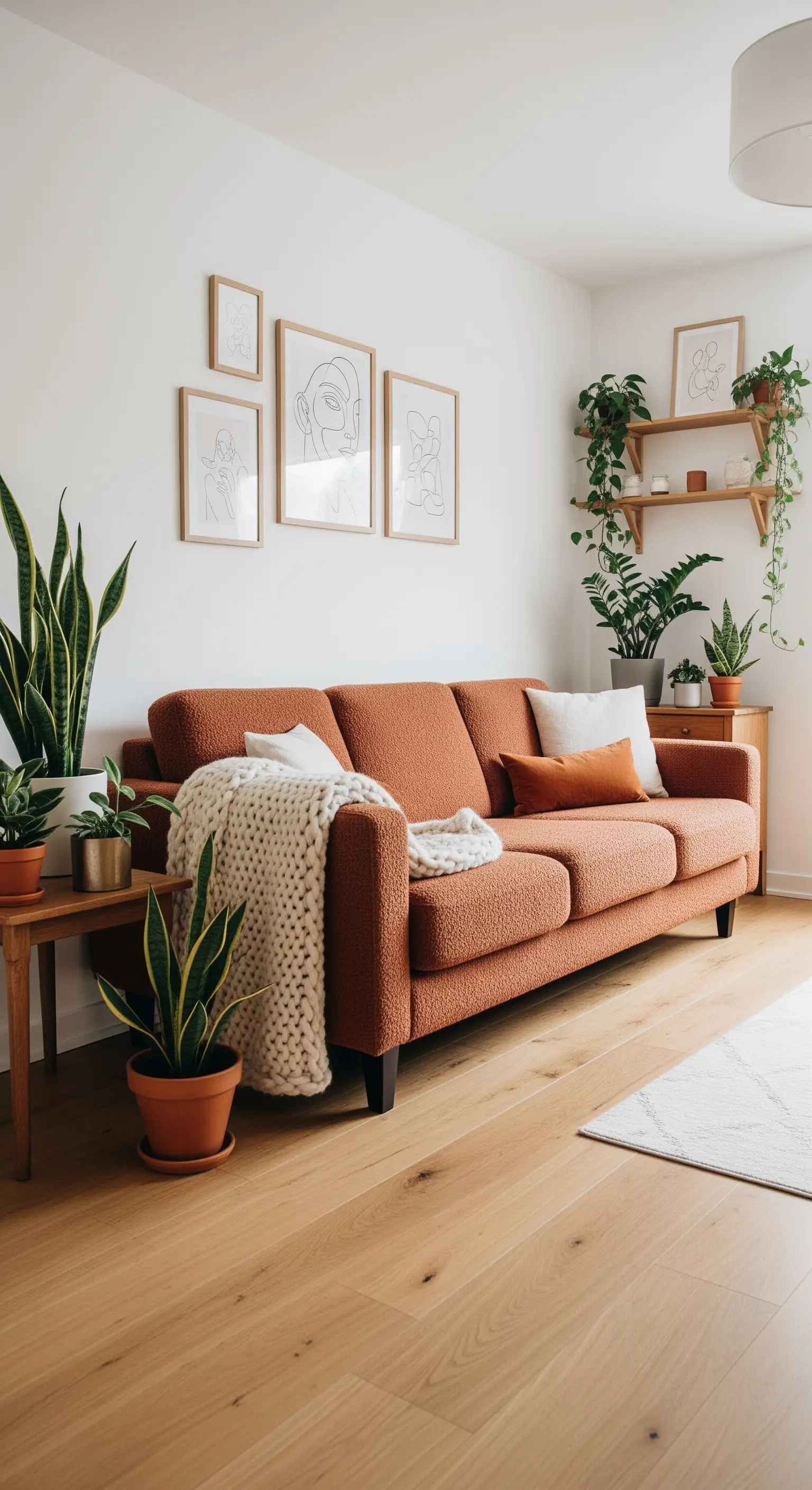 Divano in tessuto terracotta, parete bianca con stampe e numerose piante d'appartamento