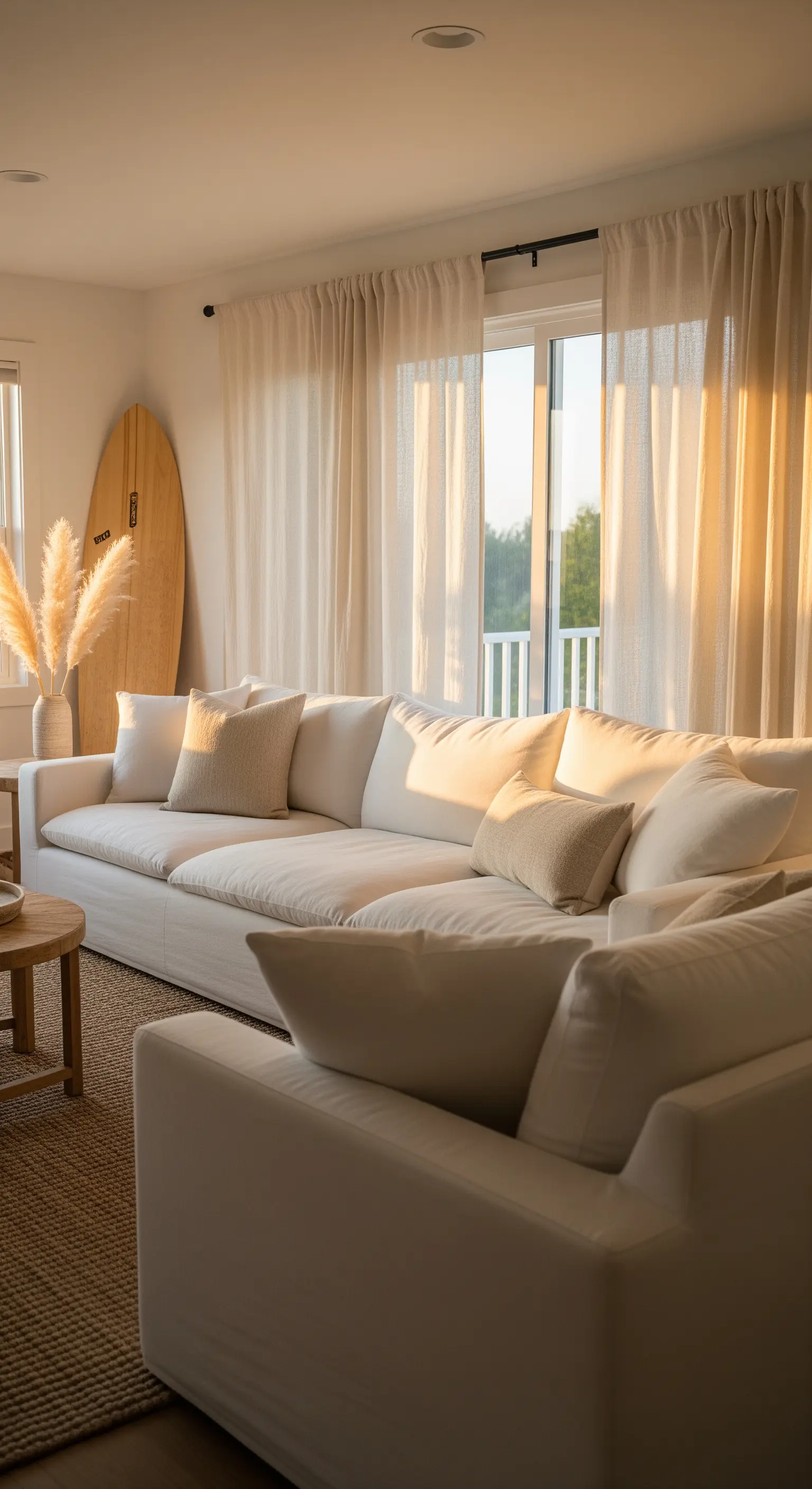 Grande divano bianco illuminato dalla luce dorata del tramonto che filtra attraverso tende in lino.