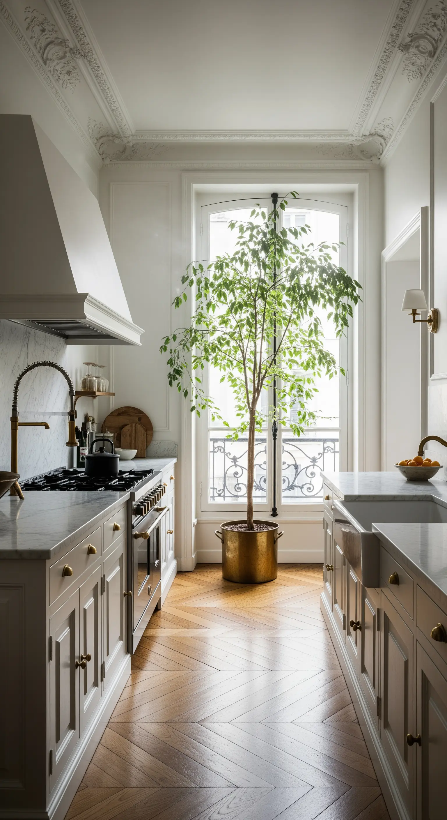 Albero alto e snello in un vaso d'ottone in una stretta ed elegante cucina parigina.