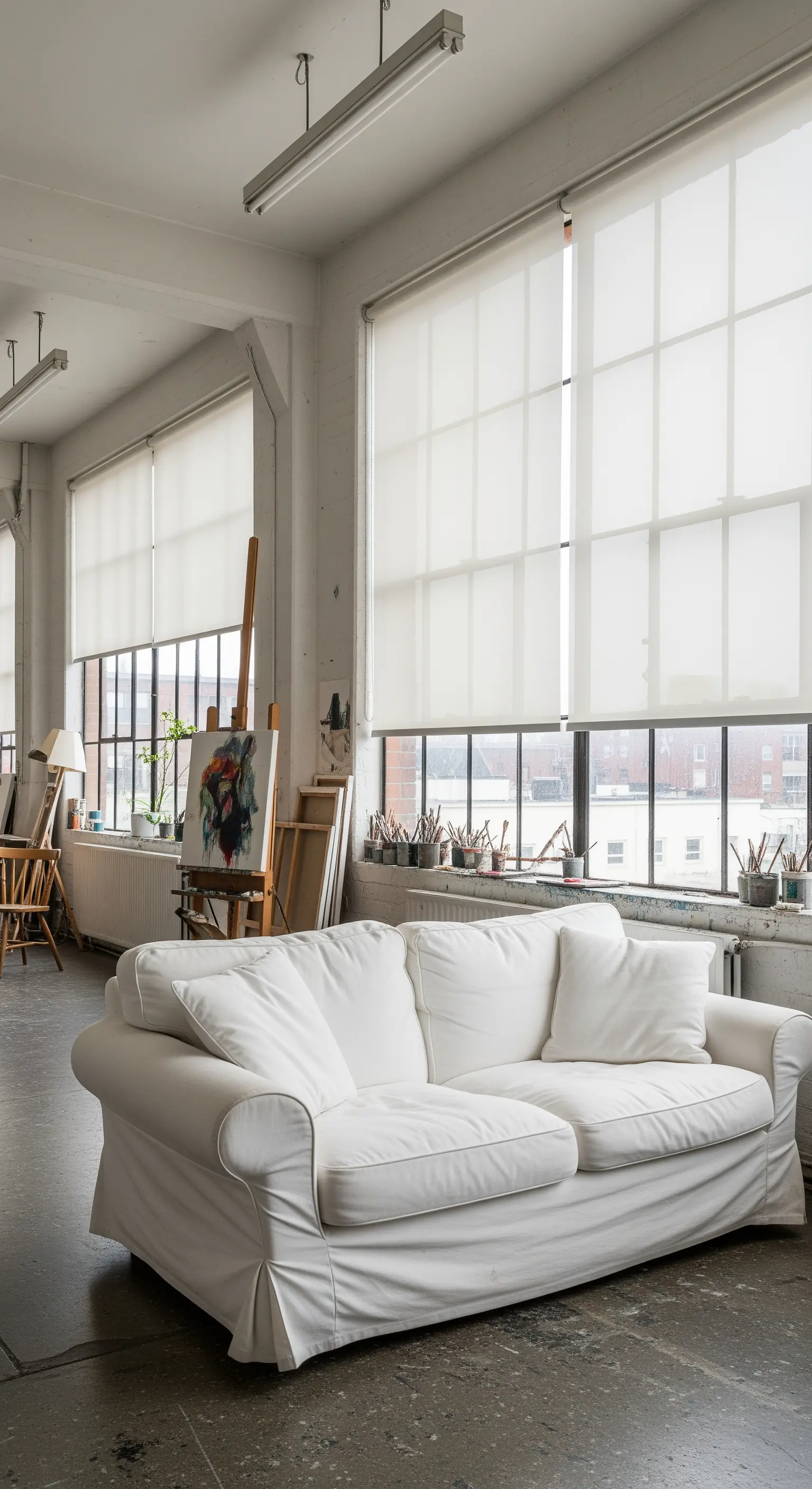 Atelier d'artista con un comodo divano bianco e grandi finestre con tende a rullo.
