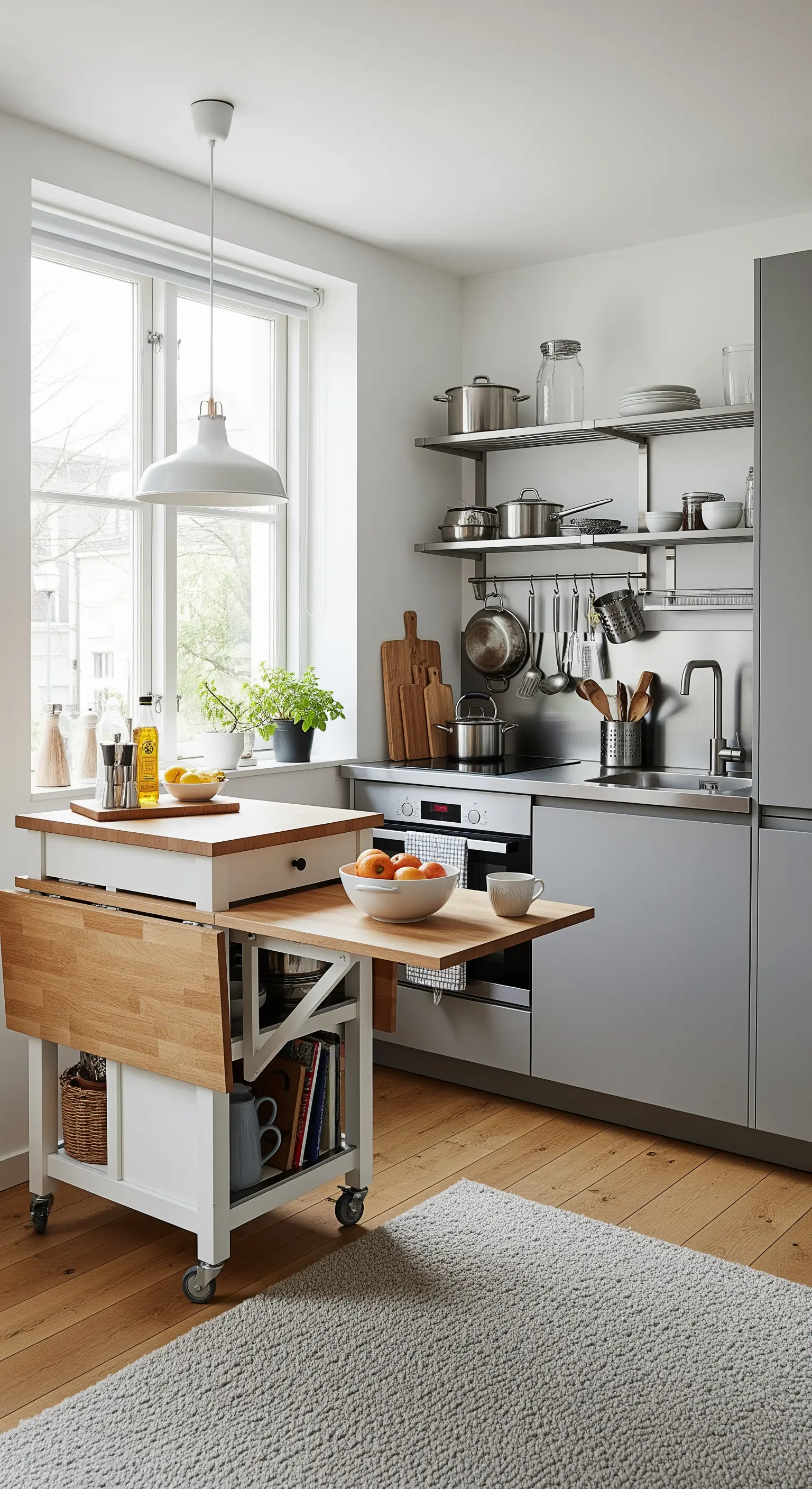 Cucina in acciaio con un'isola bianca su ruote dotata di ali ribaltabili in legno.
