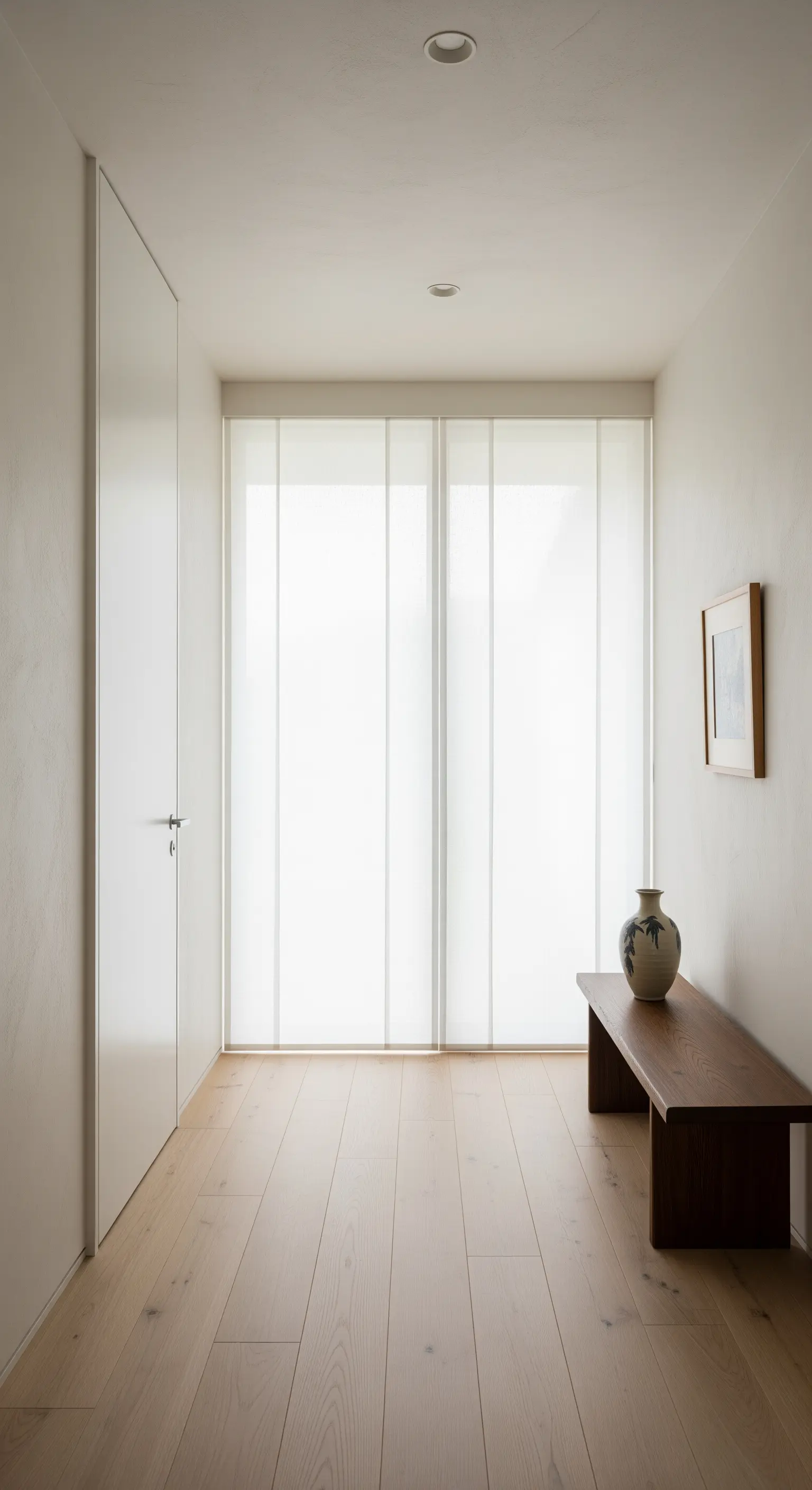 Corridoio minimalista con tende a pannello bianche, panca in legno scuro e pavimento in legno chiaro.