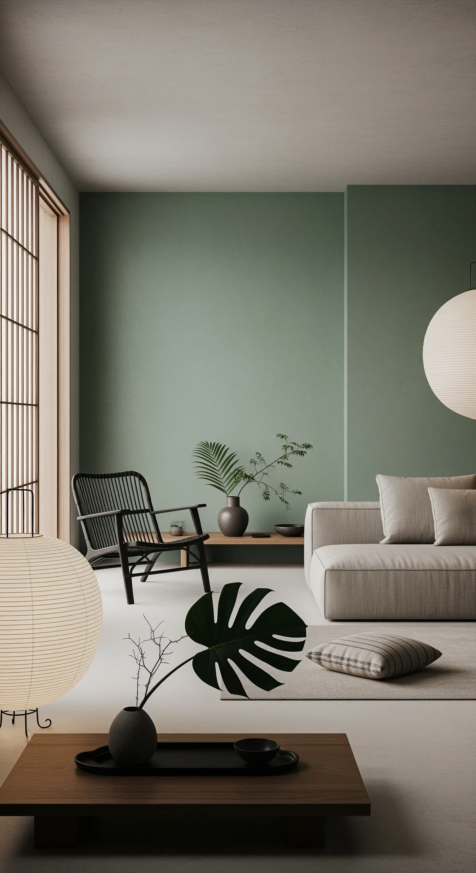 Soggiorno in stile Japandi con pareti verde salvia, arredi bassi e lampade in carta di riso.