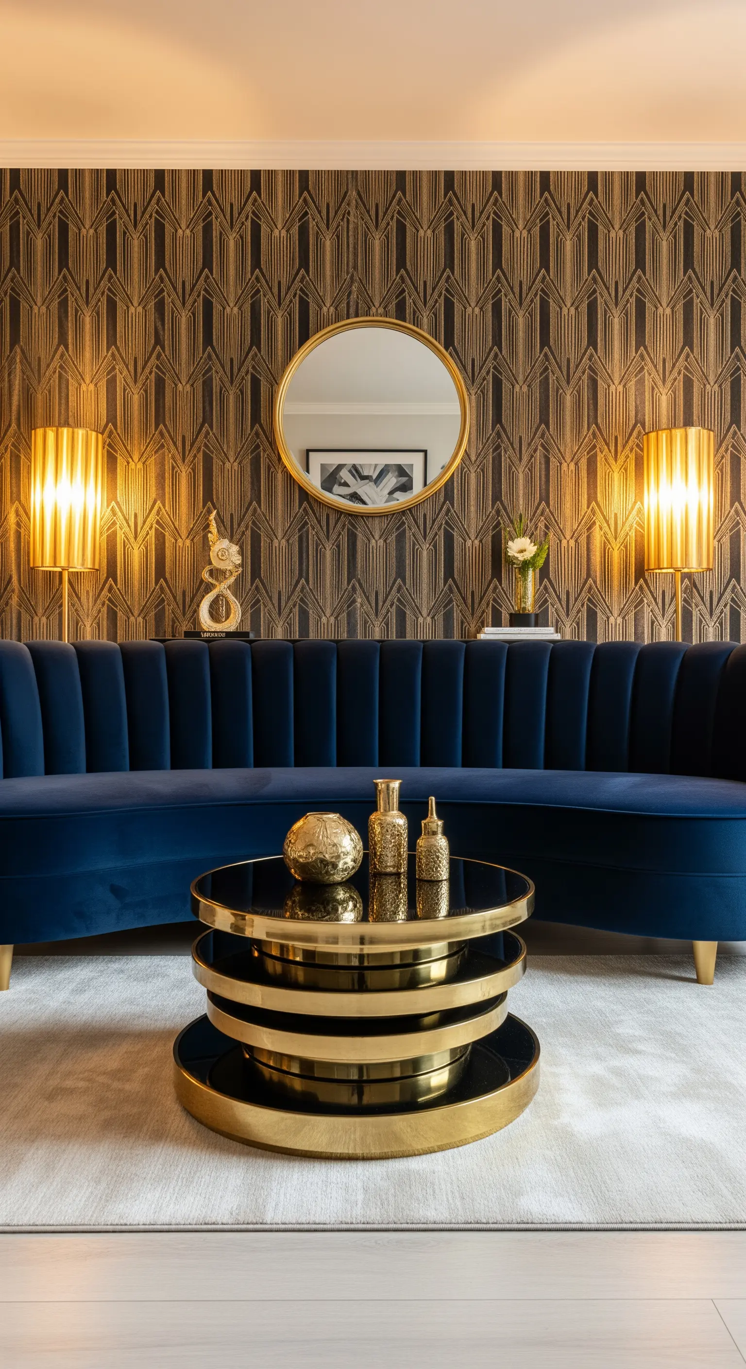 Divano curvo in velluto blu, carta da parati geometrica oro e nero, lampade dorate a parete.