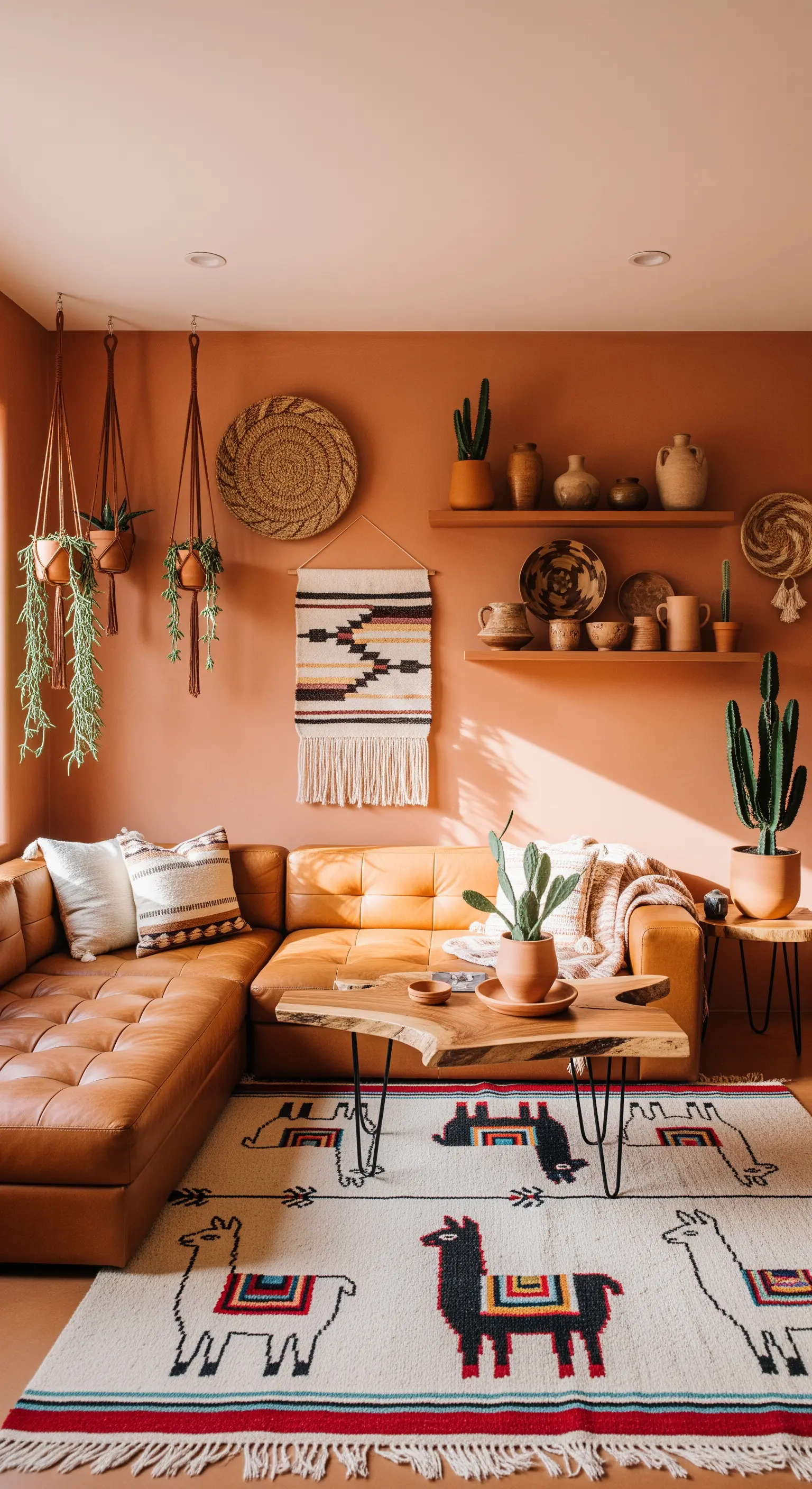 Salotto con pareti color terracotta, divano in pelle e piante grasse su mensole e appese.