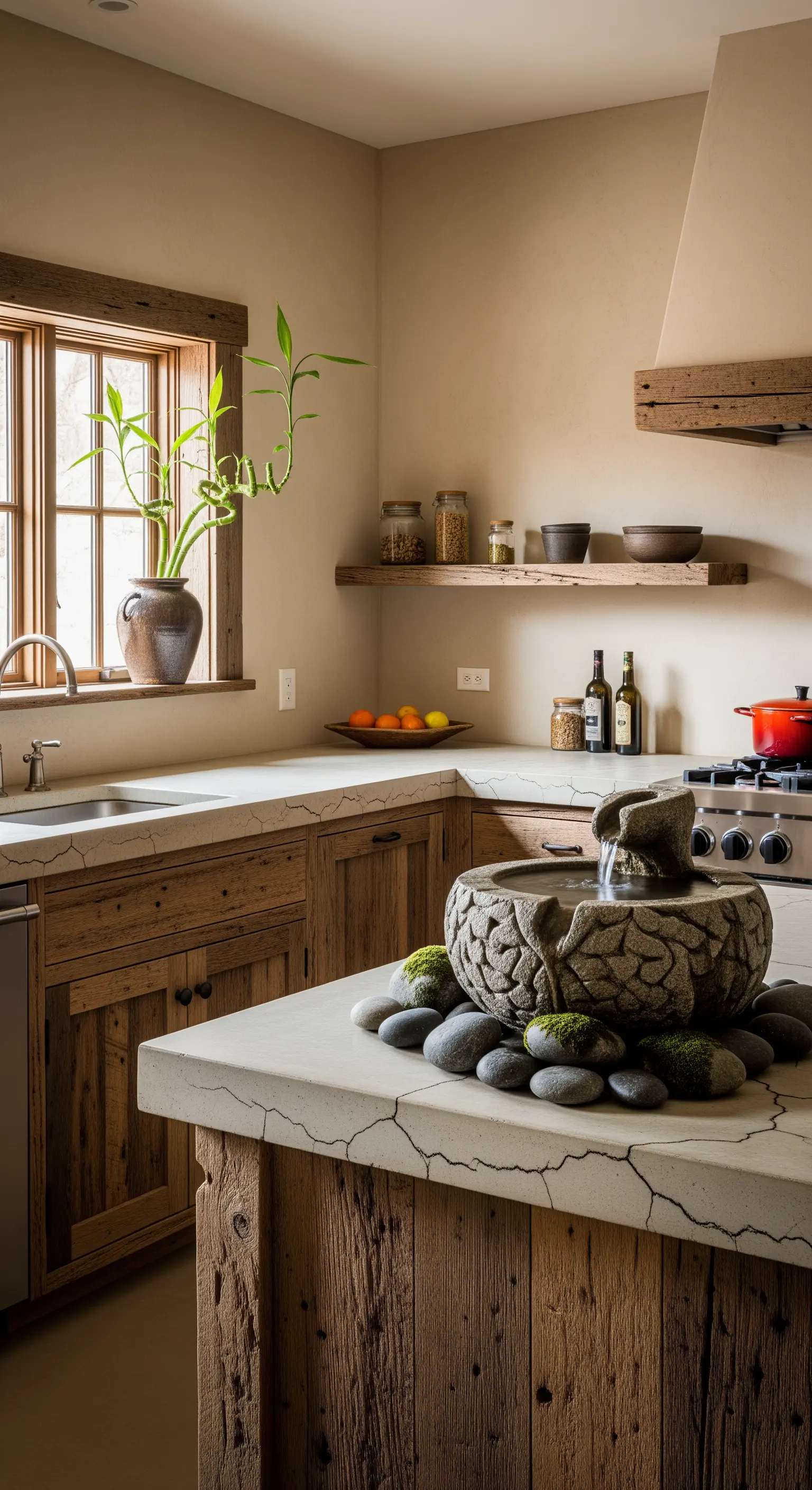 Cucina rustica con top in cemento grezzo e piccola fontana in pietra sul bancone.