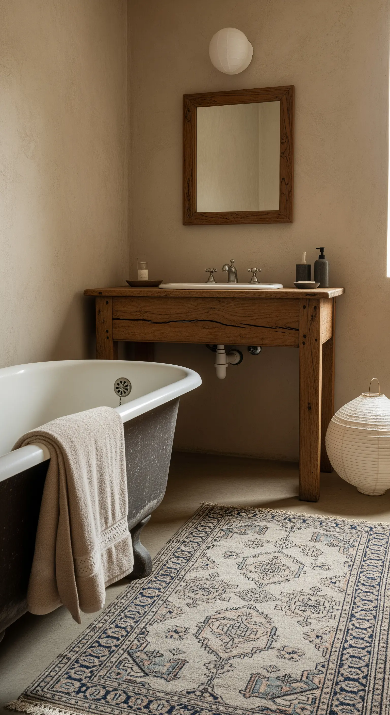 Bagno minimalista e materico con pareti in tadelakt, mobile in legno e vasca scura.