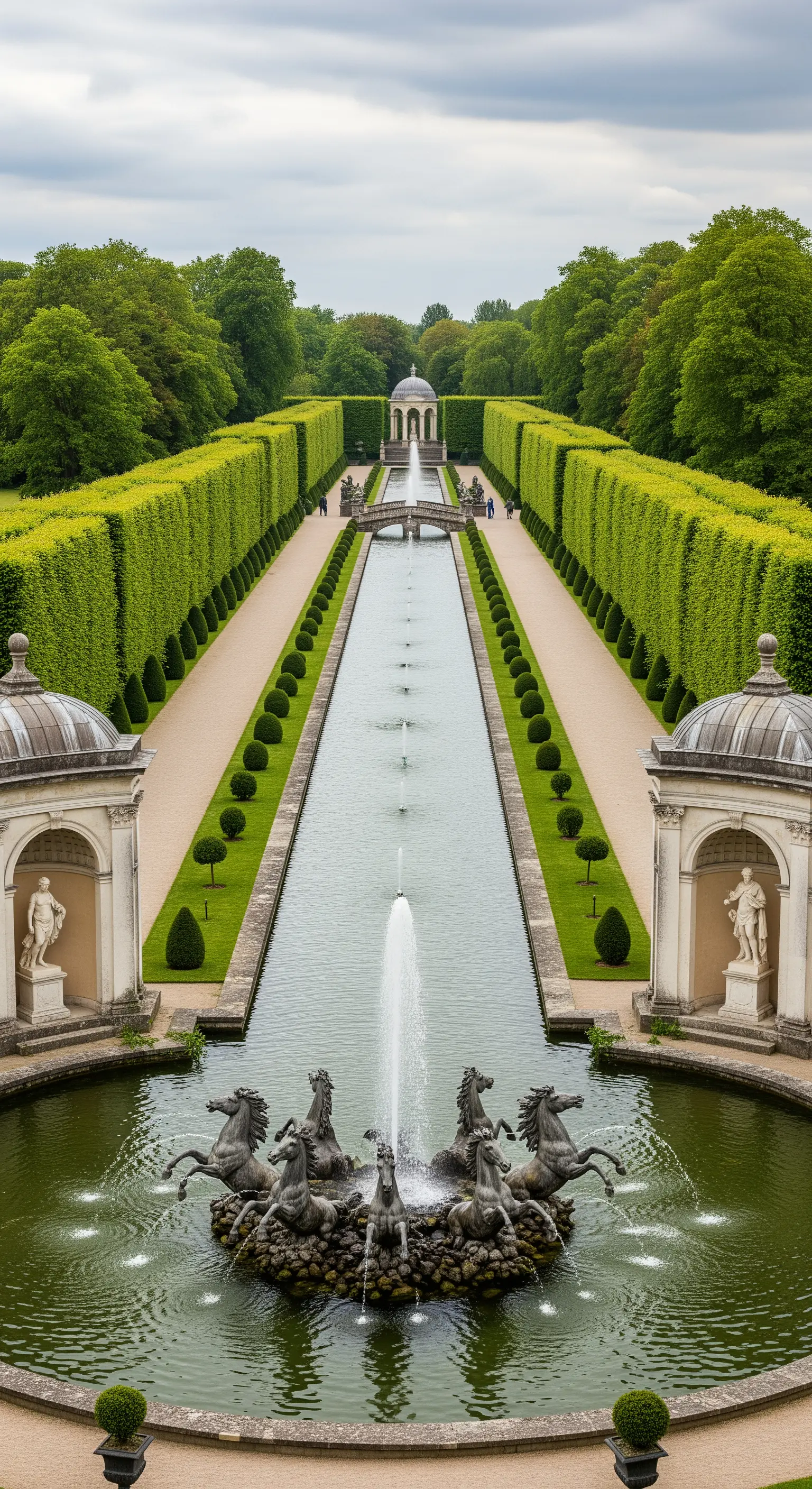 Fontana monumentale con una scultura di cavalli in bronzo che emergono dall'acqua, in un lungo canale