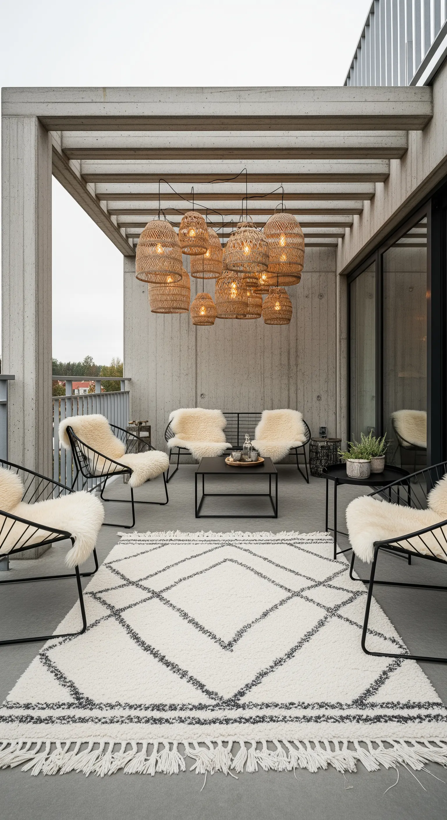 Terrazza moderna con arredi in metallo nero, pelli di pecora e un grande lampadario in rattan.