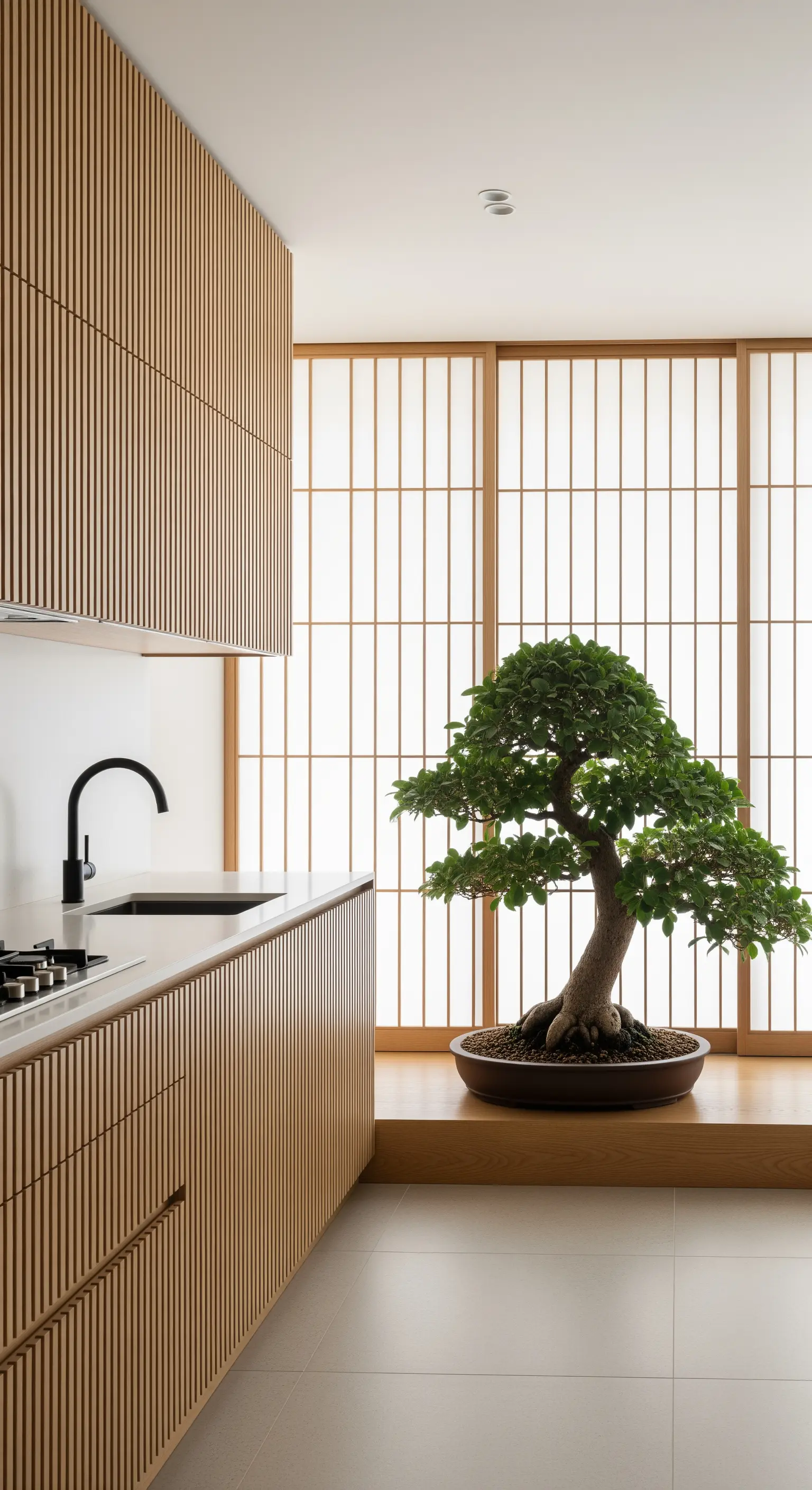 Cucina in stile giapponese con un bonsai posizionato vicino a una finestra shoji.