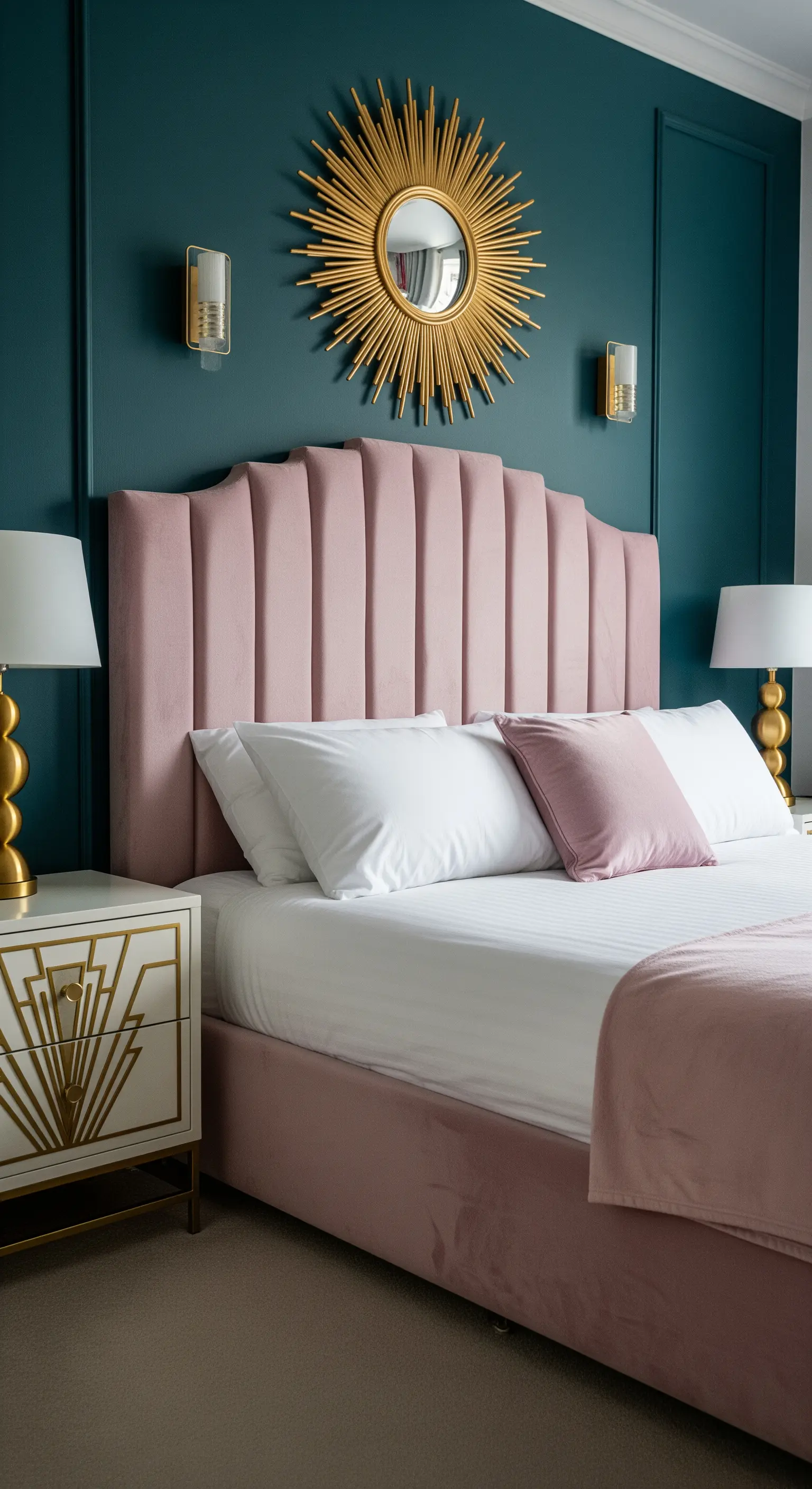 Camera da letto con parete verde petrolio, testiera in velluto rosa e specchio dorato a raggiera.