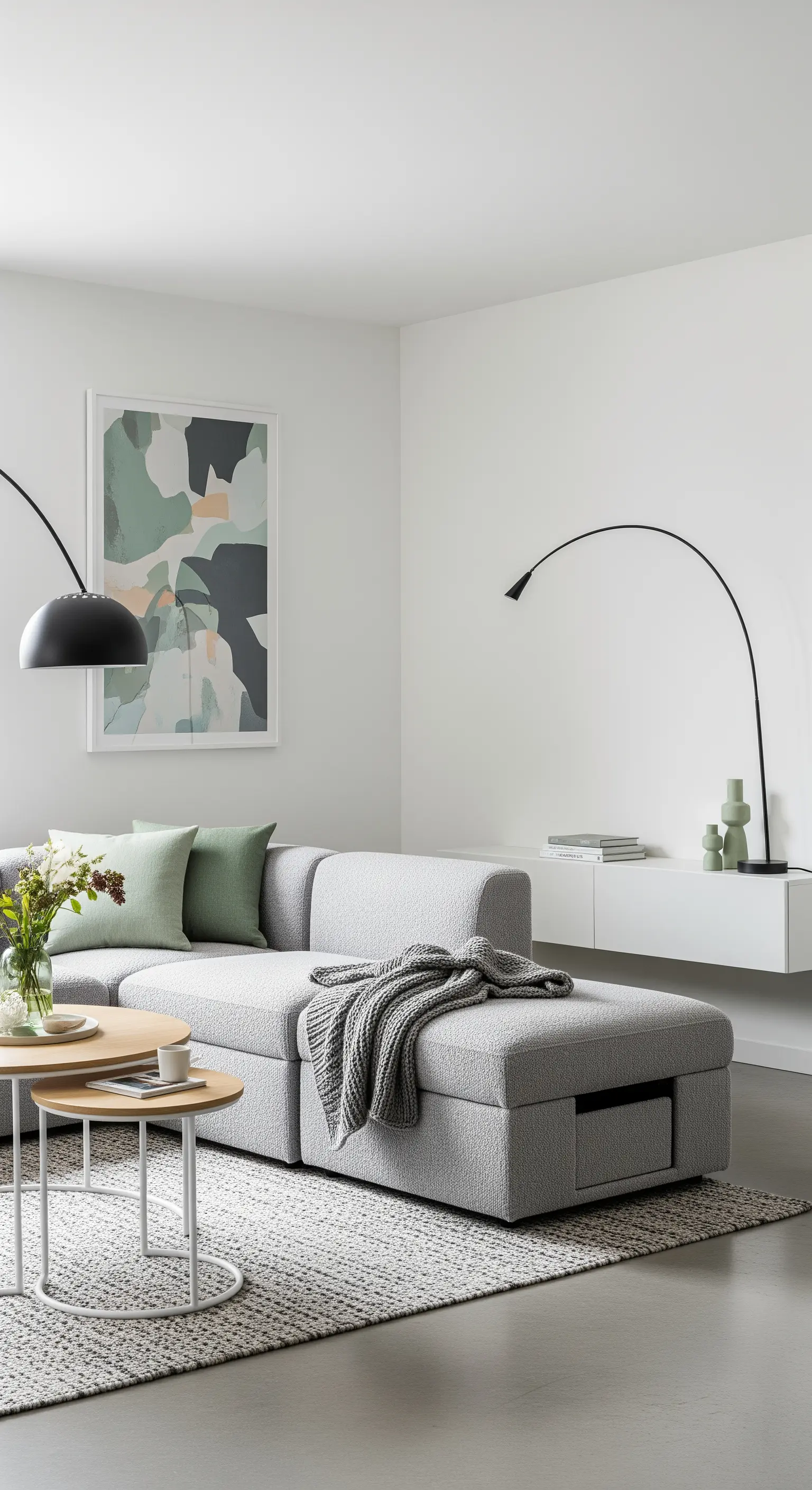 Divano componibile grigio con vano contenitore a vista e lampade ad arco in un living minimalista