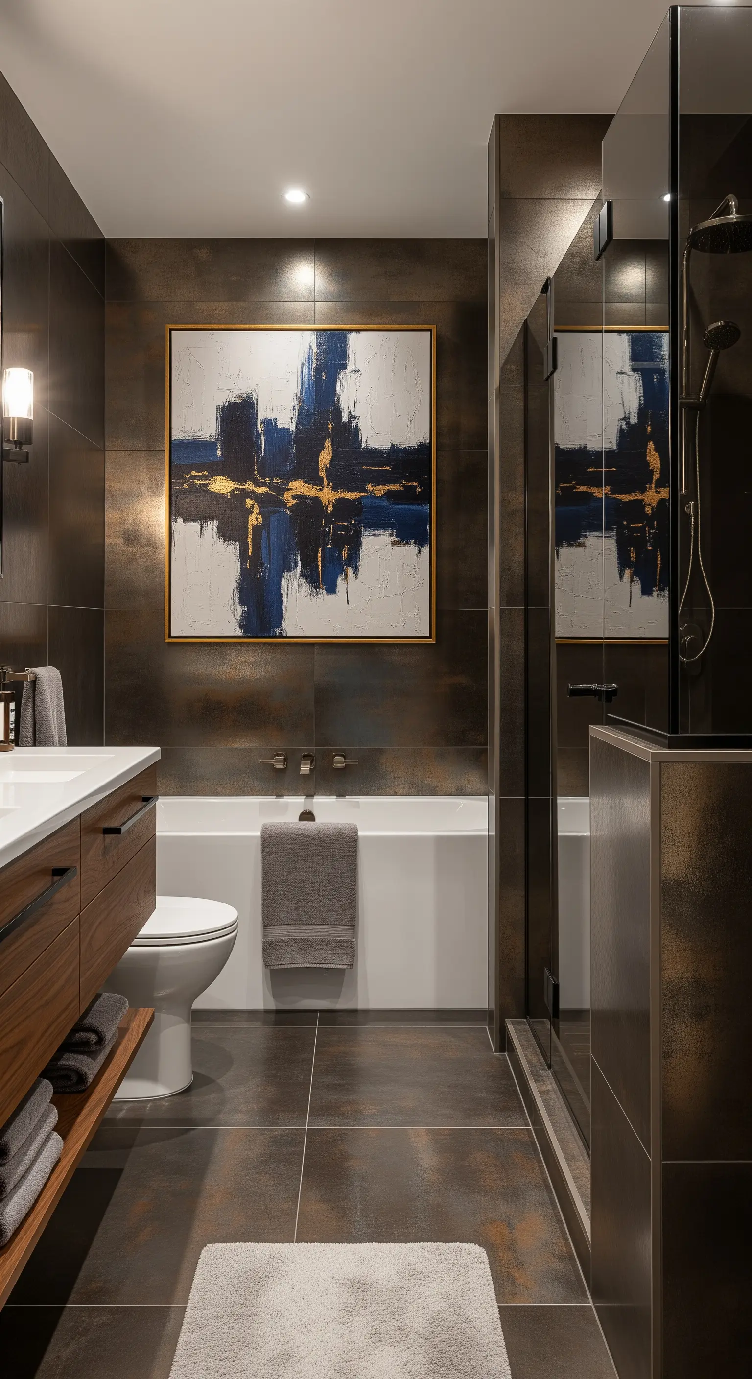 Bagno scuro con piastrelle effetto metallo e un quadro astratto blu e oro.
